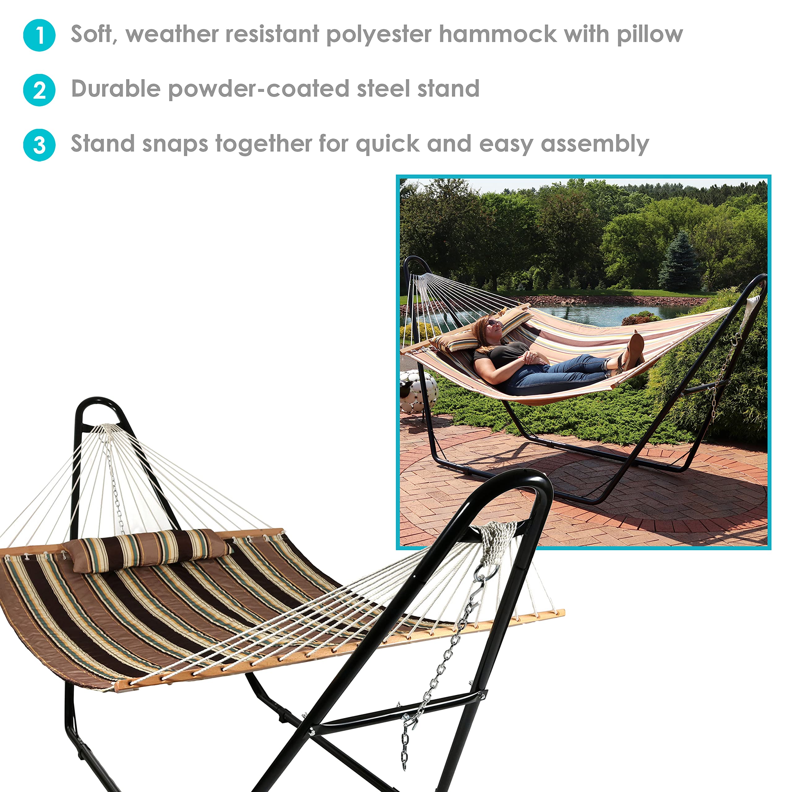 Sunnydaze Double Quilted Fabric Hammock with Universal Steel Stand - 450lb Weight Capacity - Black Stand - Perfect for Backyard, Patio, Beach & Outdoor Relaxation