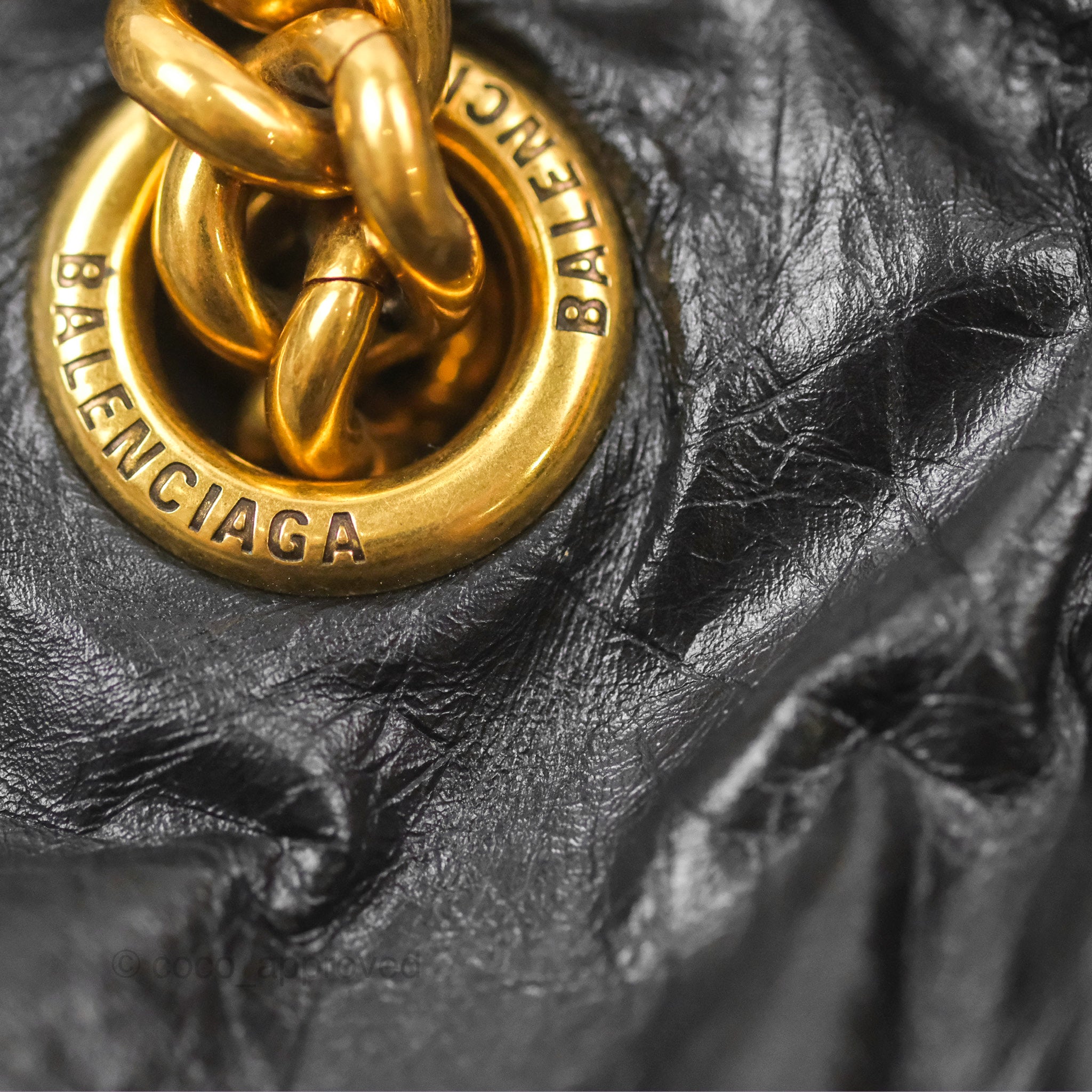 Balenciaga Small Crush Tote Bag in Black Calfskin with Aged Gold Hardware - Stylish Designer Handbag for Women, Perfect for Work, Travel & Everyday Use
