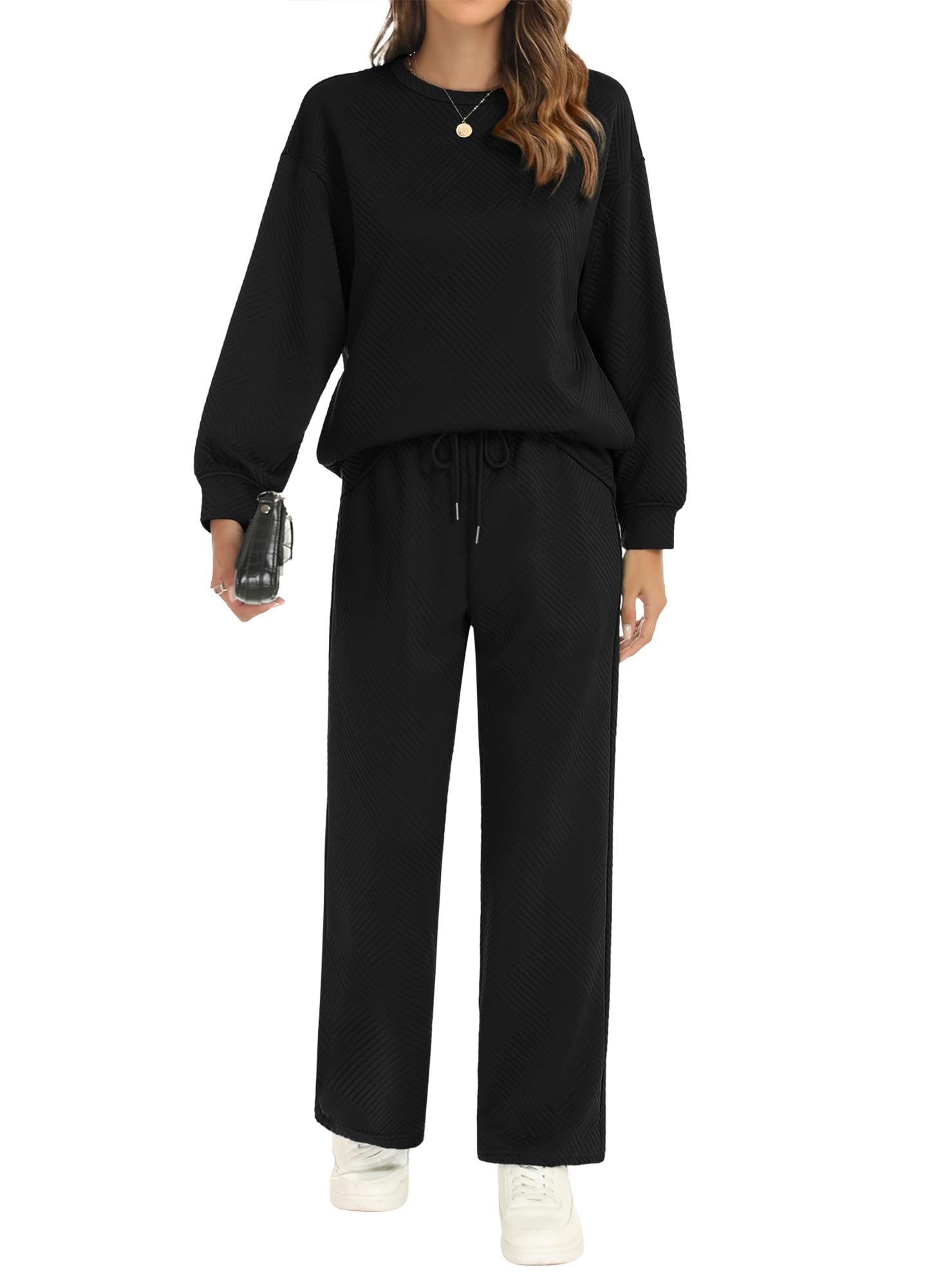 Women's 2-Piece Fall Outfit Set - Long Sleeve Pullover Top & Drawstring Wide Leg Pants Soft Lounge Wear for Casual Comfort | Perfect for Home, Travel & Relaxation