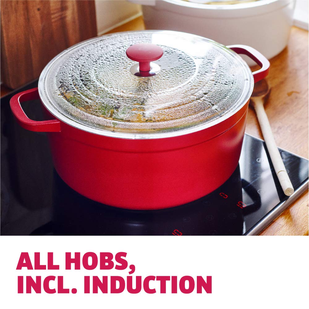 Healthy Ceramic Nonstick 6.6L Dutch Oven with Tempered Self-Basting Lid - 28cm Aluminum Casserole Dish for Induction, Oven & Dishwasher Safe (Red) - Perfect for Slow Cooking, Braising & Family Meals