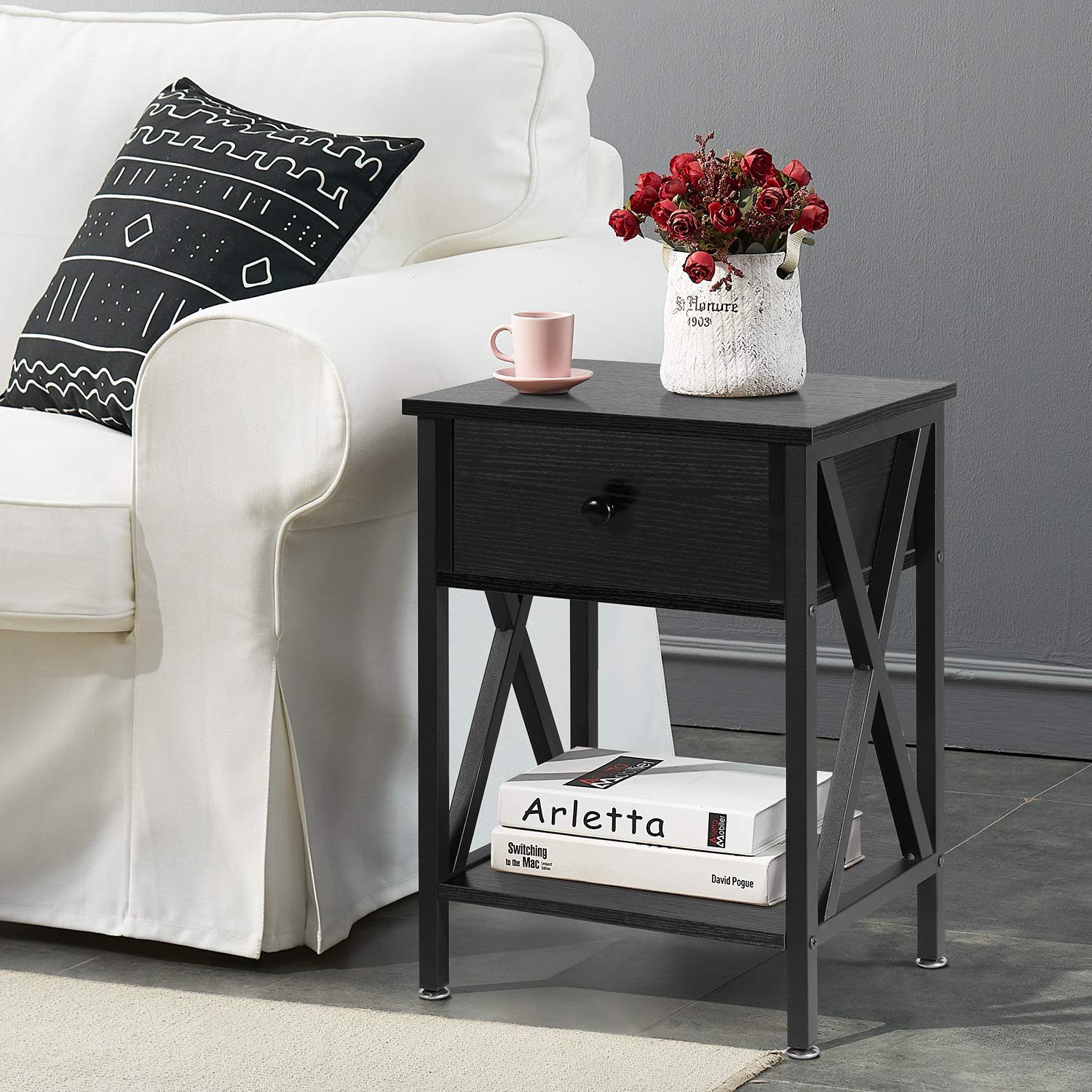 Rustic Nightstand with Drawer Storage - VECELO Classic Black Bedside End Table for Bedroom | Perfect for Small Spaces, Apartment Living & Guest Rooms