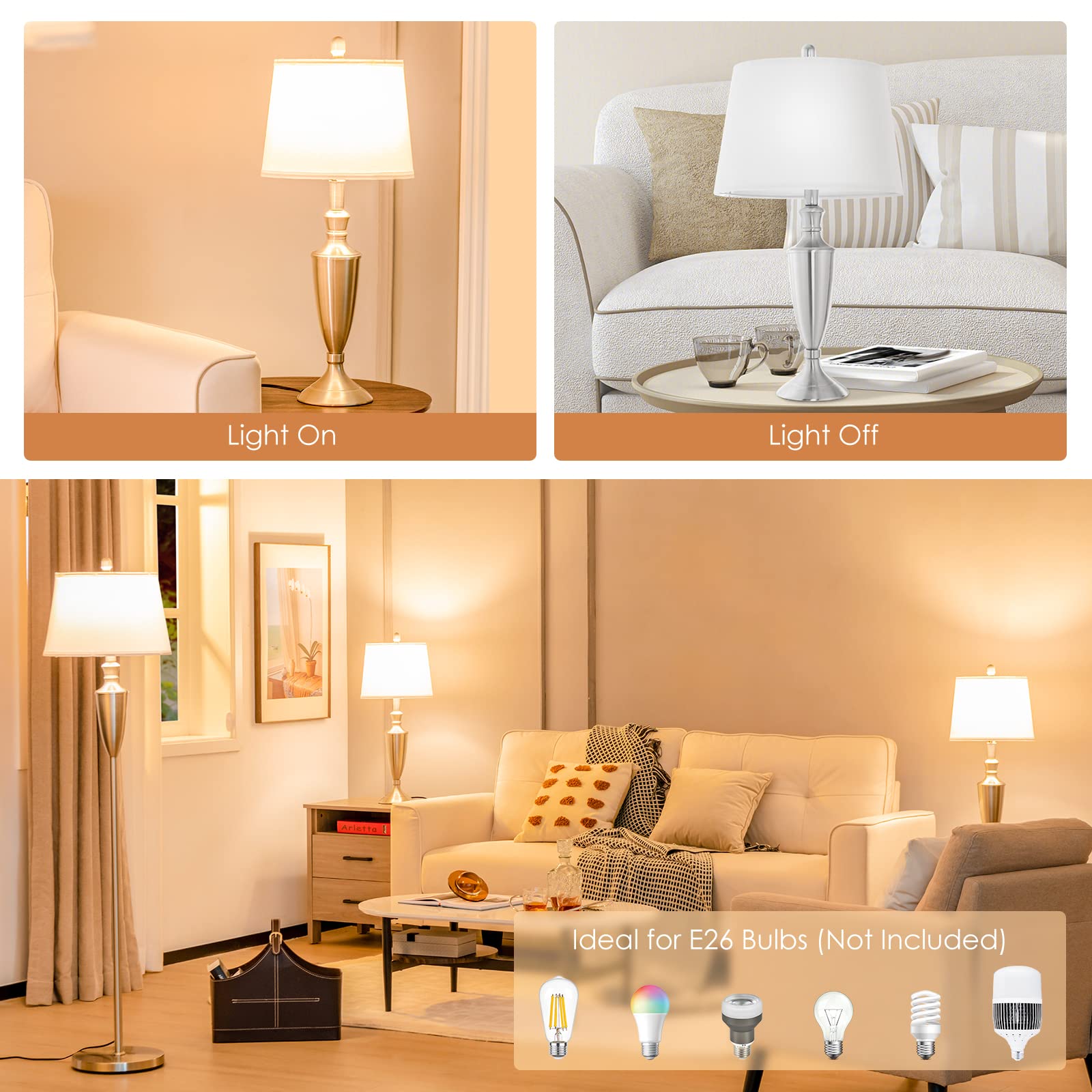 Tangkula 3-Piece Modern Lamp Set - Nickel Finish Floor Lamp & 2 Table Lamps with Weighted Base & High-Grade Lampshades | E26 Bulb Required | Perfect for Bedroom, Living Room, Office & Study Lighting Decor