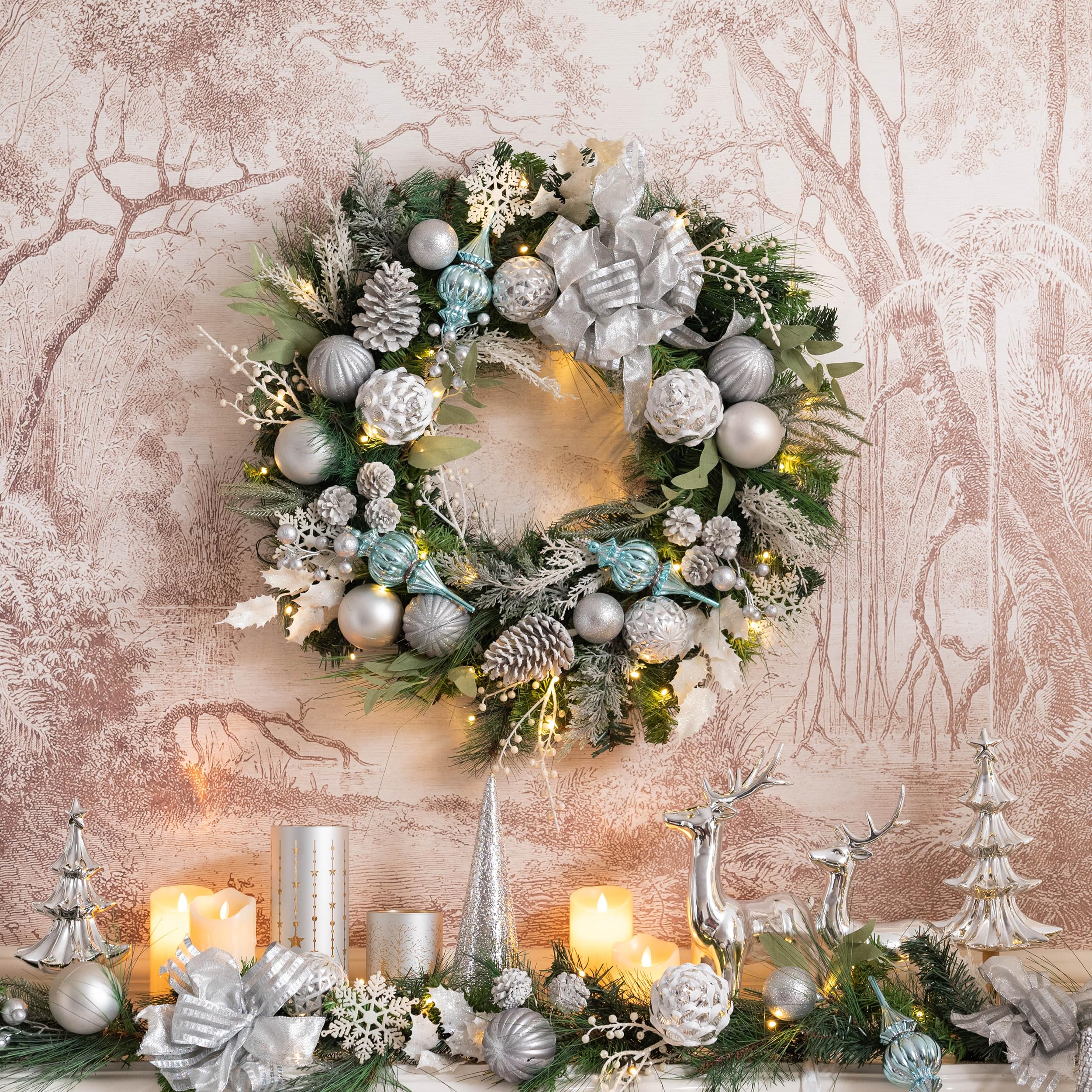Valery Madelyn 30 Inch Pre-Lit Christmas Wreath with LED Lights - Large Silver Blue White Xmas Ball Decor for Front Door, Fireplace, Window, Outdoor Table Centerpiece | Holiday Home & Office Decoration