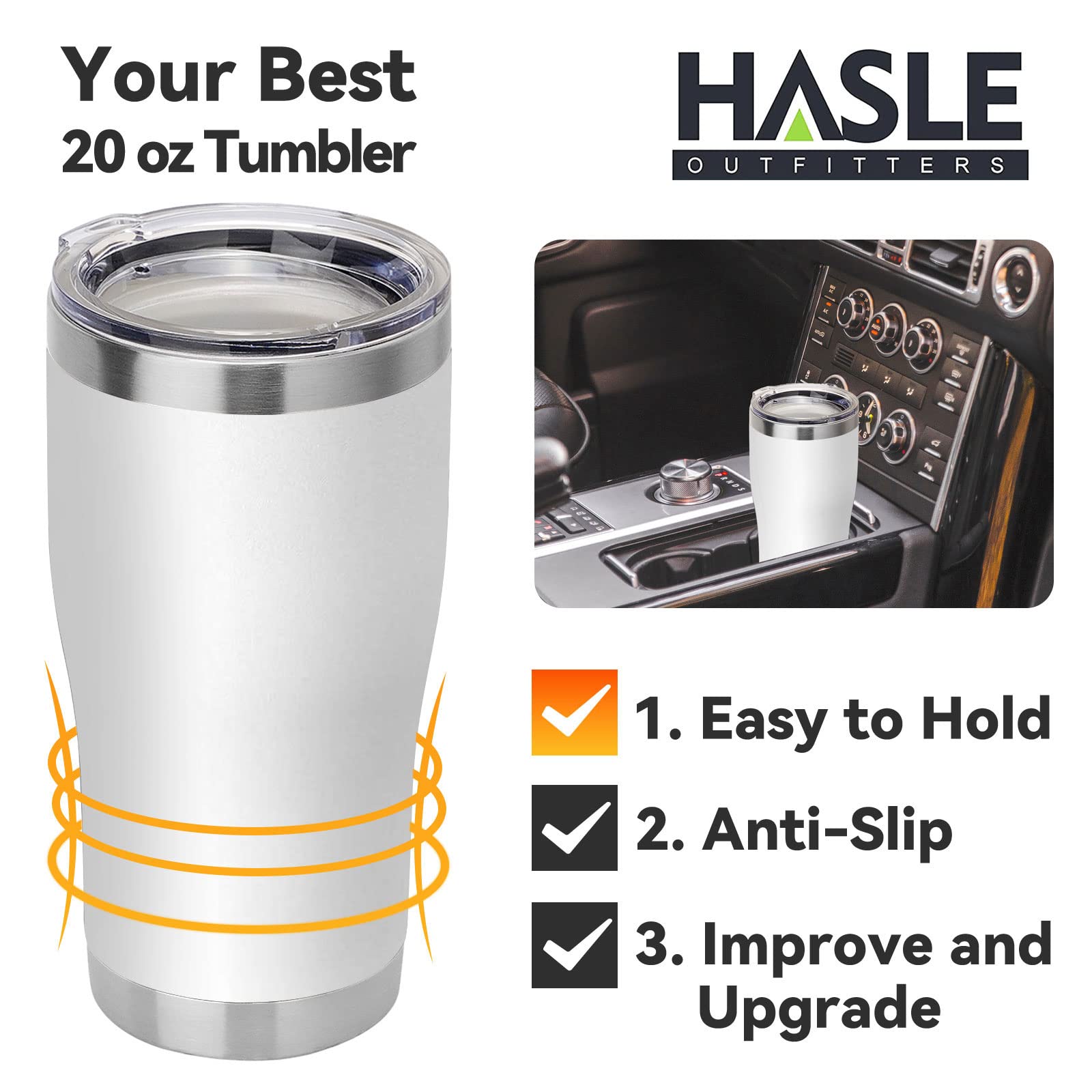 HASLE OUTFITTERS 20 oz Stainless Steel Tumbler with Lid - 6 Pack Vacuum Insulated Double Wall Powder Coated Coffee Cups (White) - Perfect for Office, Travel, Camping & Outdoor Activities