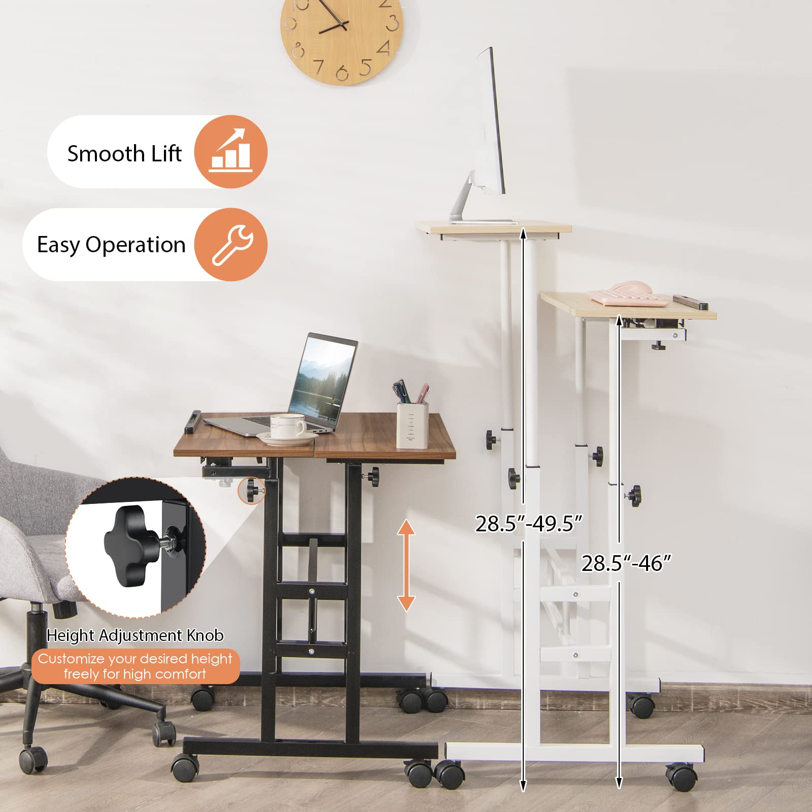 Tangkula Adjustable Height Mobile Standing Desk - Sit Stand Workstation with Tilting Tabletop & Wheels for Home Office, Rolling Laptop Cart (Walnut) | Perfect for Remote Work, Small Spaces & Ergonomic Workspaces