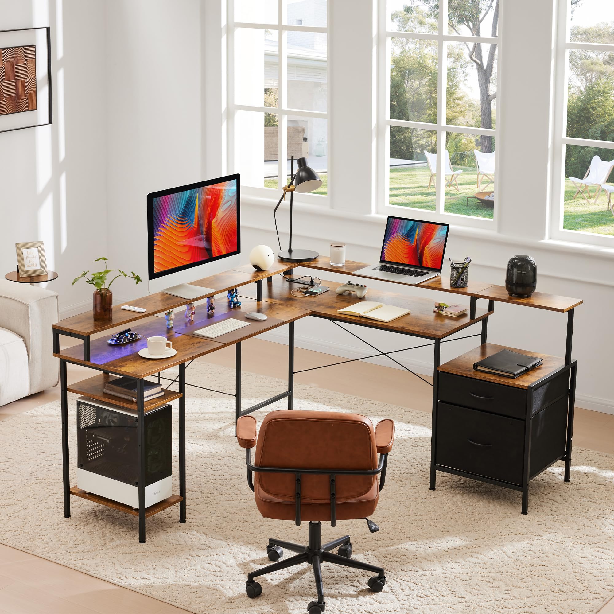 L Shaped Desk 66 Inch - Corner Computer Desk with File Drawer, LED Gaming Table, Workstation with Monitor Shelf & Printer Storage, Two Person Office Desk in Rustic Brown - Perfect for Home Office, Gaming Setup & Small Workspaces