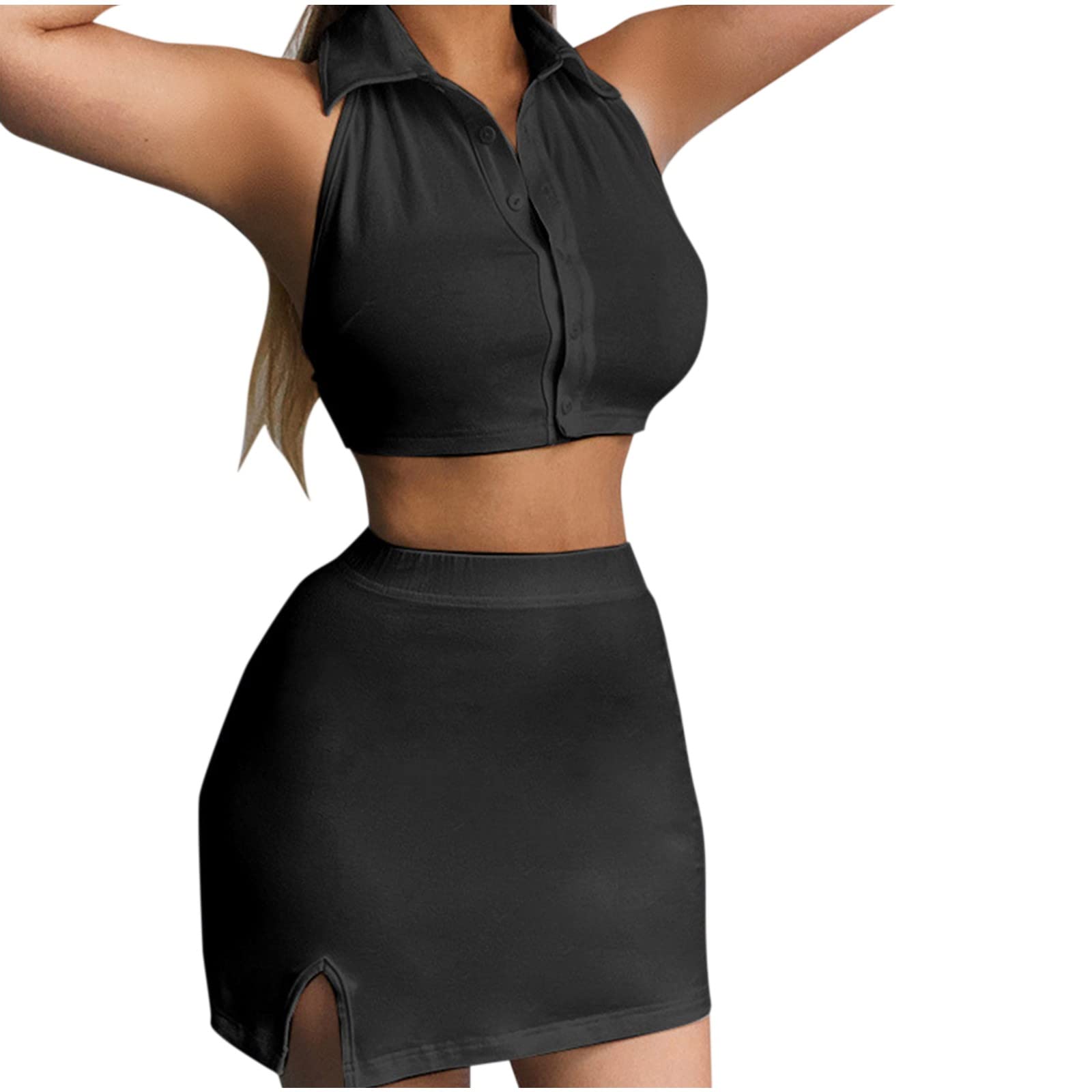 Women's Solid Color Lapel Sleeveless Top & High-Waisted Skirt 2-Piece Outfit Set - Elegant Office Wear & Casual Summer Dress for Women