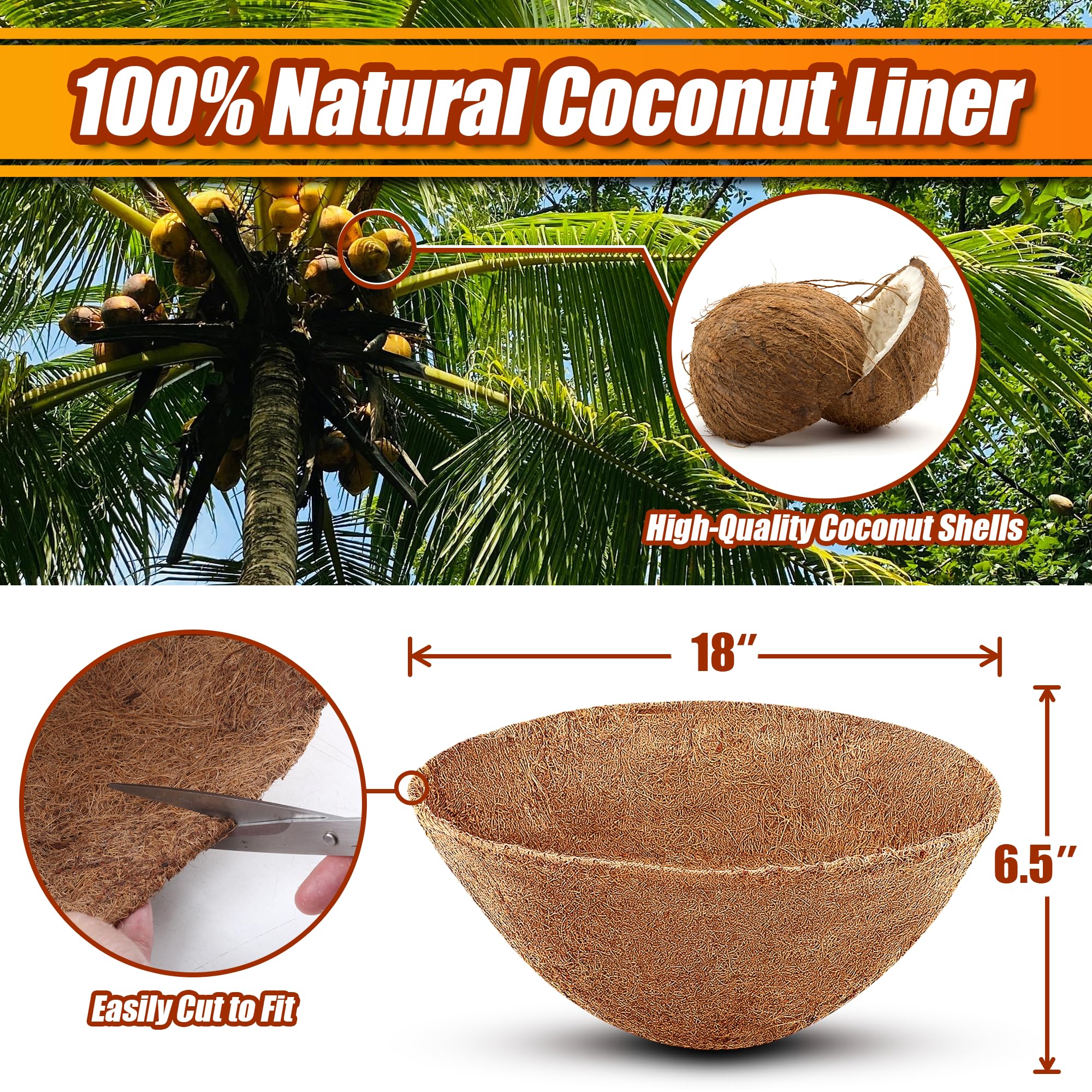 18 Inch Coco Liners for Planters - 4 Pack Round Coconut Fiber Hanging Basket Liners | Natural Plant Pot Liners for Flowers, Herbs & Garden Plants | Perfect for Indoor/Outdoor Hanging Baskets & Window Boxes