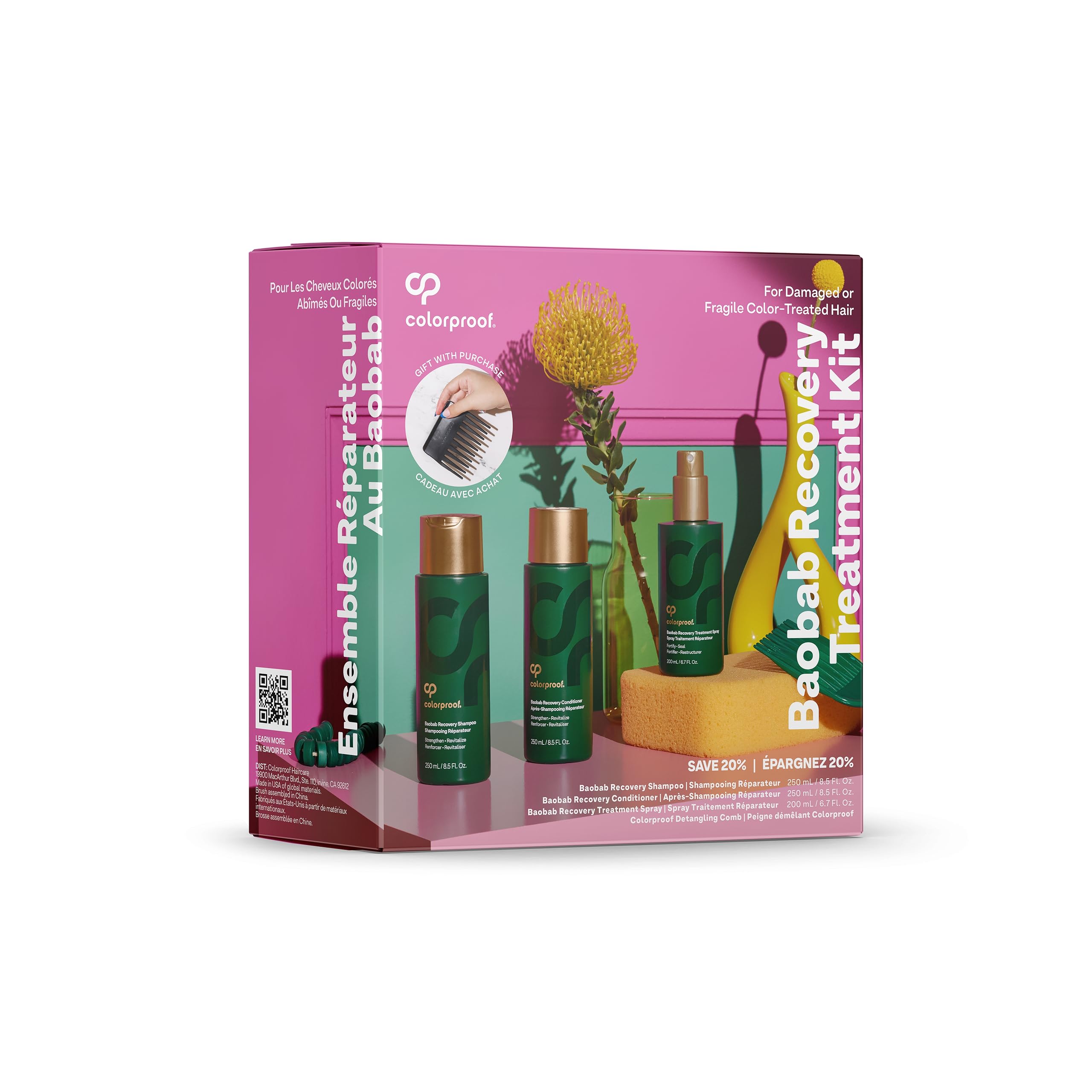 ColorProof Baobab Recovery Hair Kit - Repairing Shampoo & Conditioner Set (8.5 Fl Oz) with Hair Treatment Spray (6.7 Fl Oz) - Damaged Hair Repair & Color Protection for Dry, Brittle Hair - Perfect for Salon Treatments & Home Hair Care