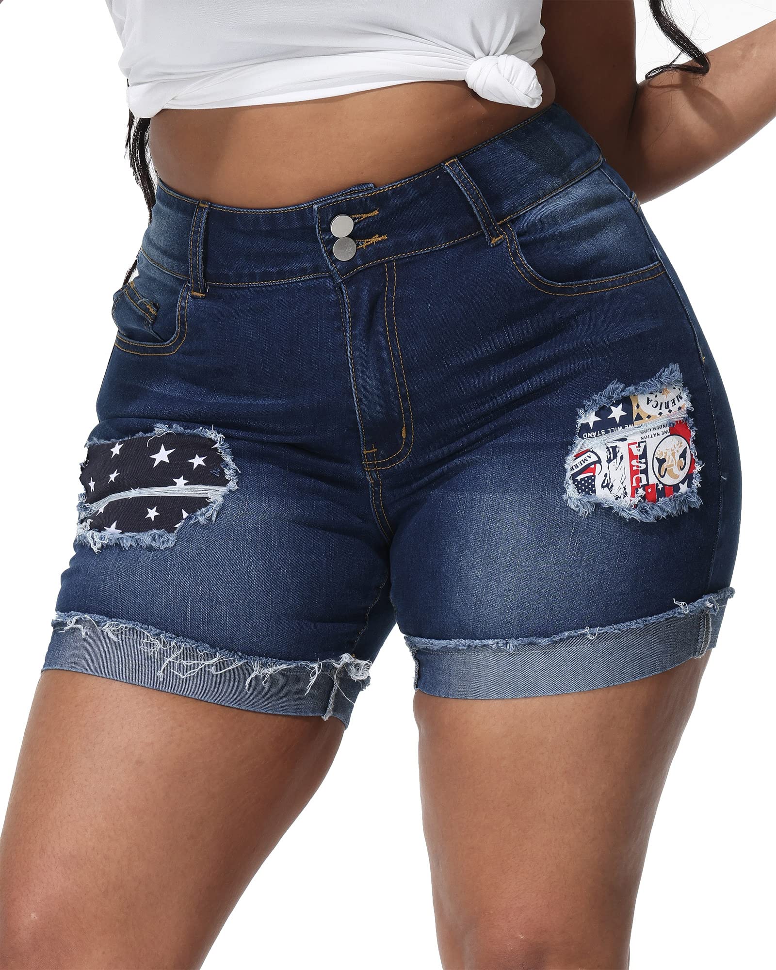 Rubugil Women's Plus Size High Waisted Denim Shorts - Stretch Comfort, Frayed Folded Hem - Perfect for Summer Outfits & Casual Wear