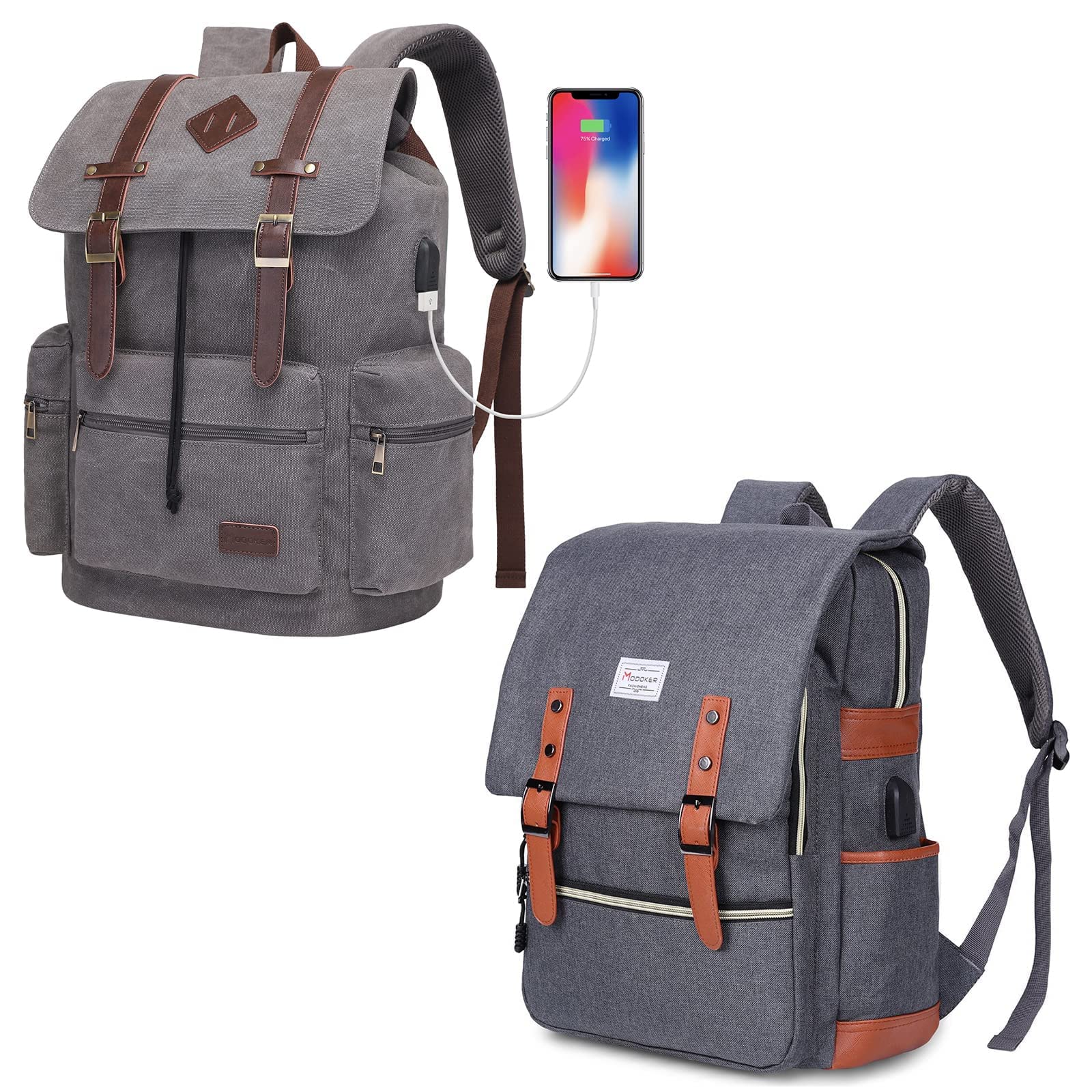 Modoker Vintage Canvas Laptop Backpack for Women & Men - Large USB Charging Bookbag Rucksack | Perfect for College, Work, Travel & Daily Commute