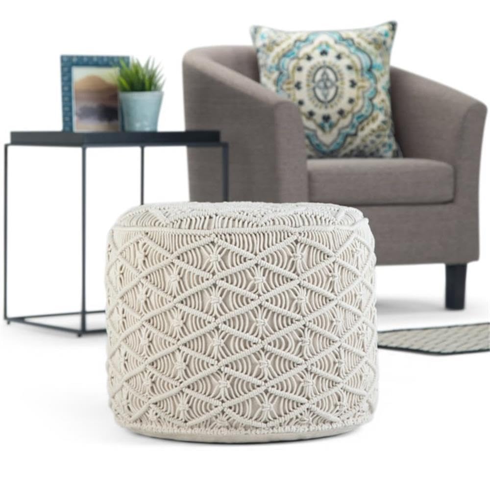 Trent Home Boho Round Macrame Pouf - Natural Cotton Ottoman for Living Room, Bedroom & Boho Decor | Handmade Footstool, Floor Seating & Cozy Home Accent