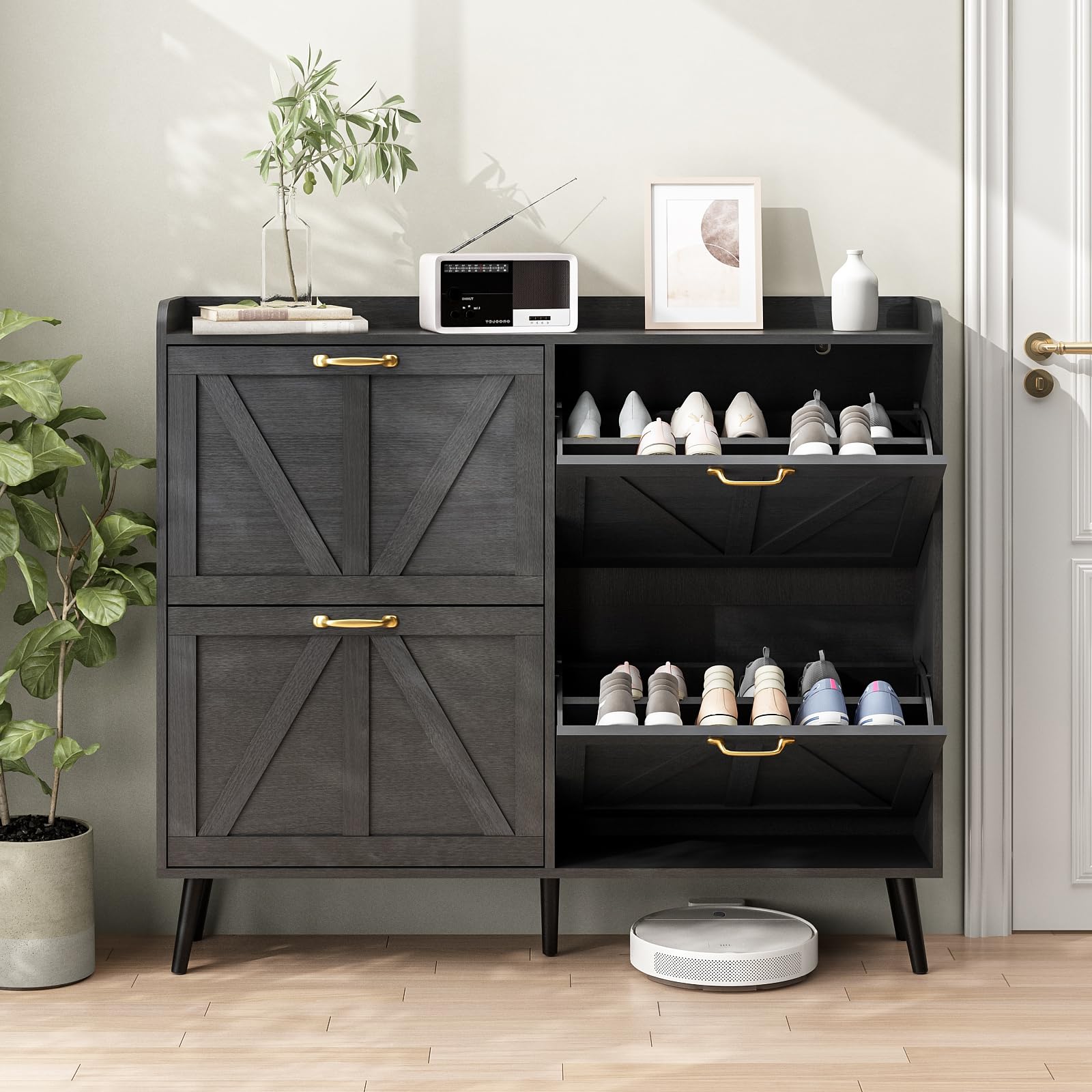 4-Tier Flip-Drawer Shoe Storage Cabinet - Slim Space-Saving Entryway Shoe Organizer for Hallway & Closet | Black Narrow Shoe Rack for Small Spaces | Perfect for Apartments, Dorms & Mudrooms
