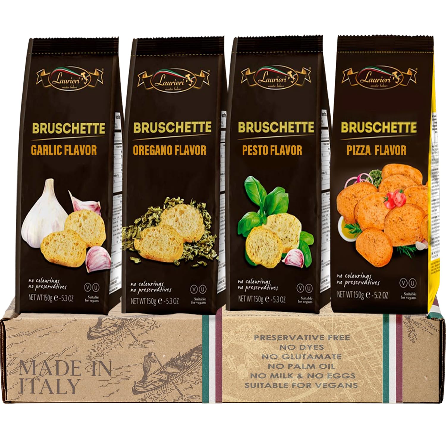 Gourmet Bruschette Toast Crackers Variety Pack (4 Flavors) - Garlic, Oregano, Pesto & Pizza | Vegan Crostini Toasts for Charcuterie Boards, Dips & Entertaining | Perfect for Parties, Wine Pairings & Italian-Themed Gatherings