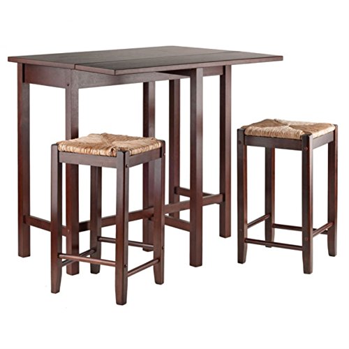 Ergode Lynwood 3-Piece Drop Leaf Dining Table Set with Rush Seat Stool - Perfect for Small Spaces, Kitchen Nooks & Breakfast Areas
