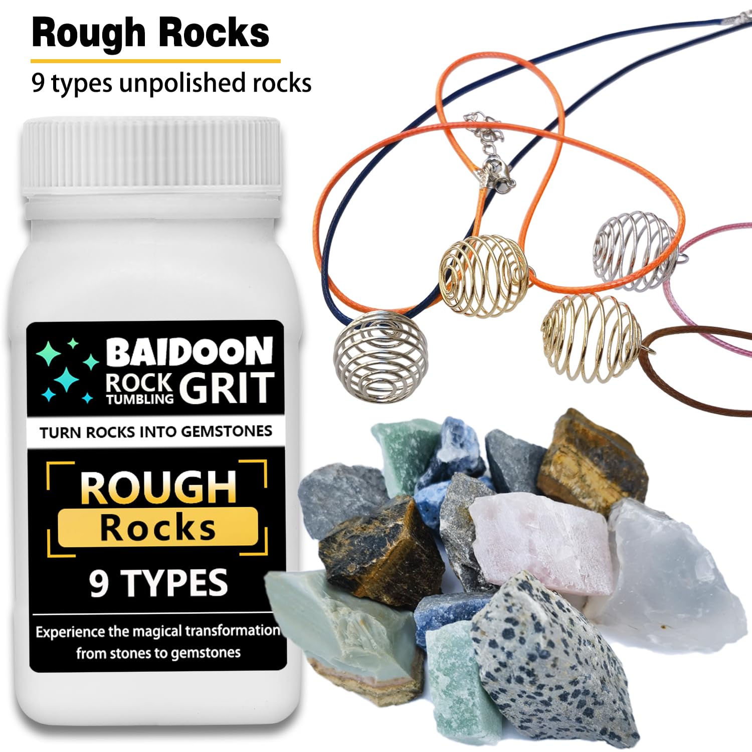6 in 1 Rock Tumbler Kit with 4 Step Tumbling Grit, Ceramic Media & 9 Rough Gemstones - Complete Rock Polishing Supplies for Jewelry Making & DIY Crafts (Perfect for Beginners & Hobbyists)