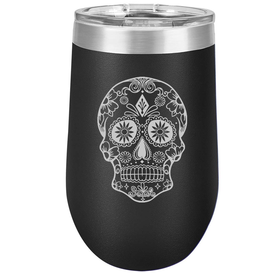 16 oz Double Wall Vacuum Insulated Stainless Steel Stemless Wine Tumbler - Insulated Coffee Travel Mug with Lid - Sugar Skull Design (Black) - Perfect for Hot/Cold Drinks, Office, Commute & Outdoor Activities