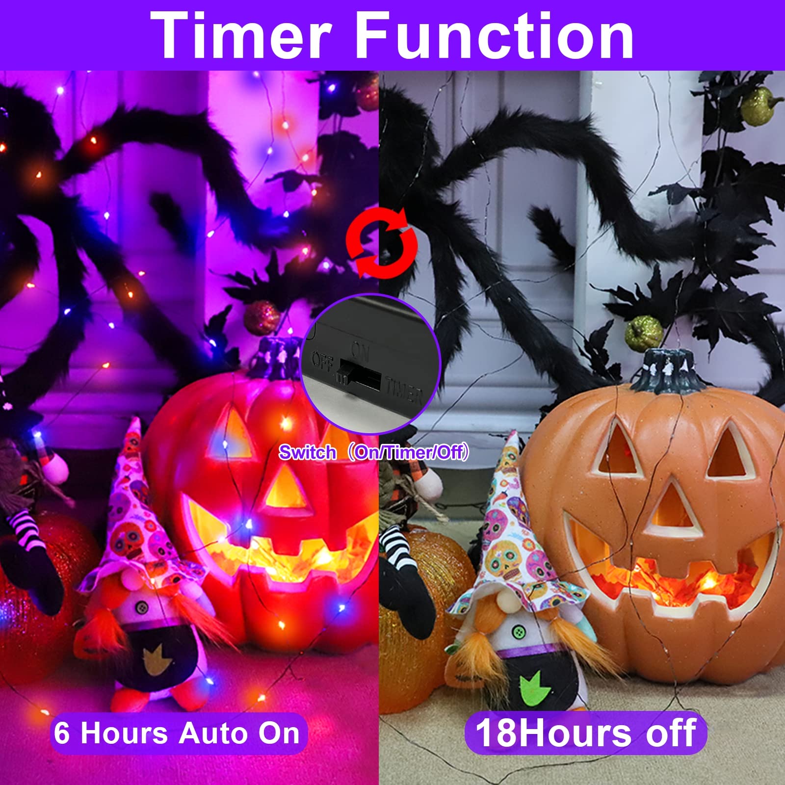 3-Pack Halloween String Lights with Timer - 150 LED (50ft Total) Black Wired Fairy Lights in Orange & Purple - Battery Operated Indoor/Outdoor Decor for Garden, Yard, Party - Perfect for Halloween, Christmas, Weddings & Home Decoration