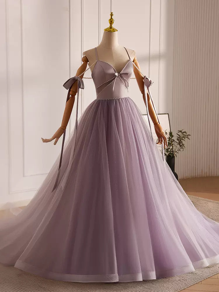 Elegant Purple A-Line V-Neck Tulle Beaded Long Prom Dress for Formal Events & Evening Parties | Perfect for Homecoming, Weddings & Special Occasions