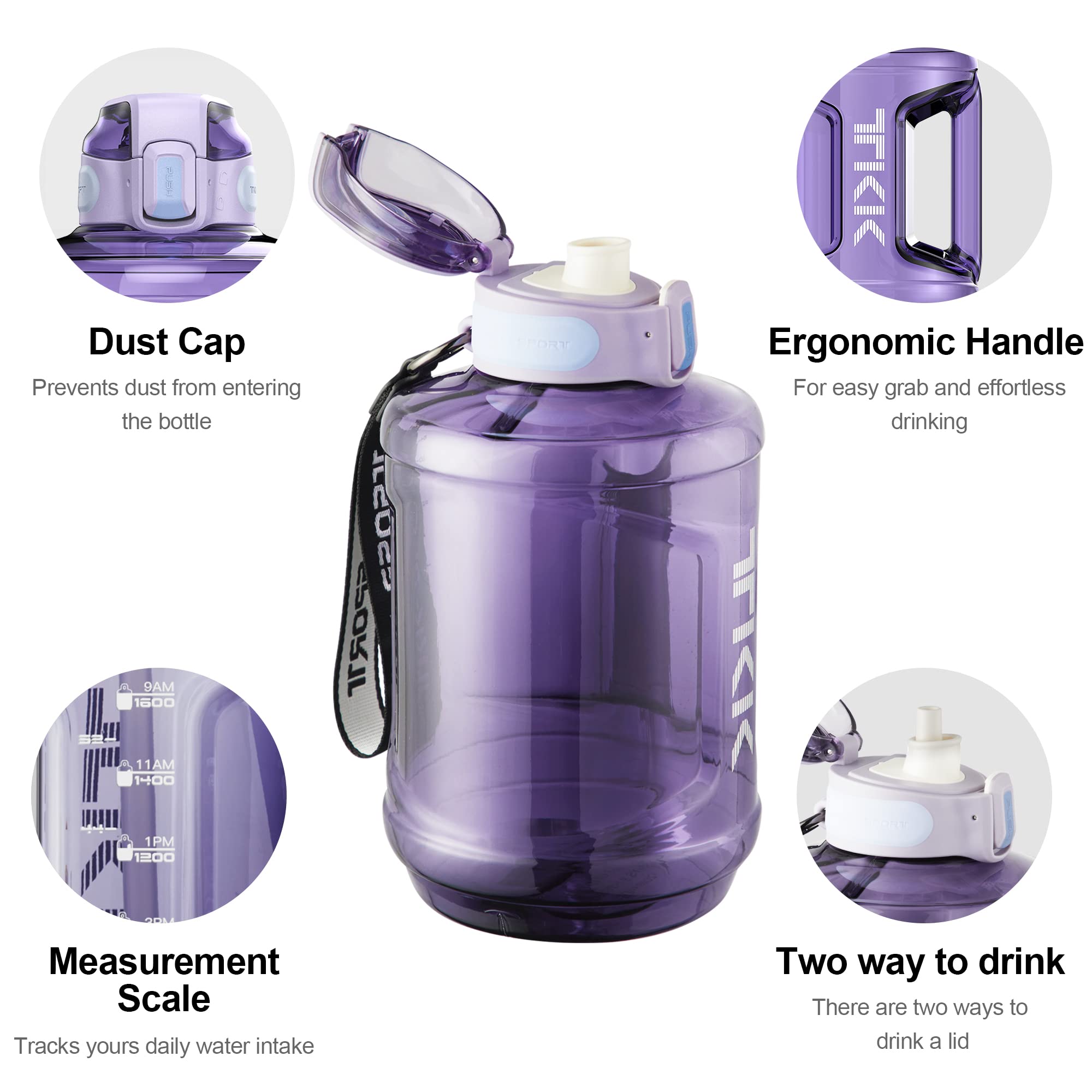 TKK 64oz Half Gallon Water Bottle with Straw, Strap & Handle - BPA Free Large Water Jug with Time Markings - Ideal for Daily Hydration, Gym Workouts & Outdoor Activities