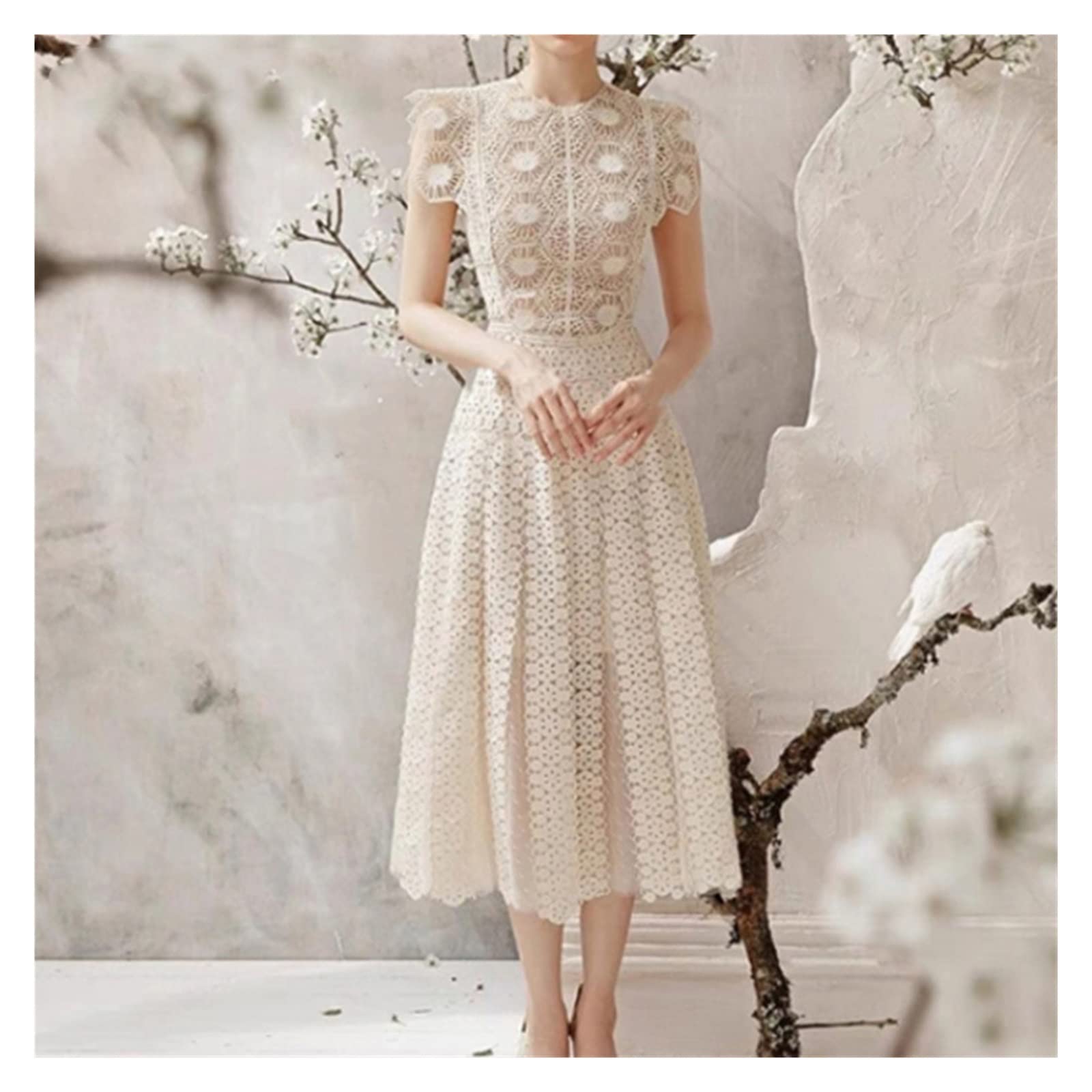 Elegant Beige Lace High Waist Maxi Dress for Women - Autumn Casual O-Neck Mesh Long Dress - Perfect for Fall Weddings, Date Nights & Runway Fashion (Color A, Size L)