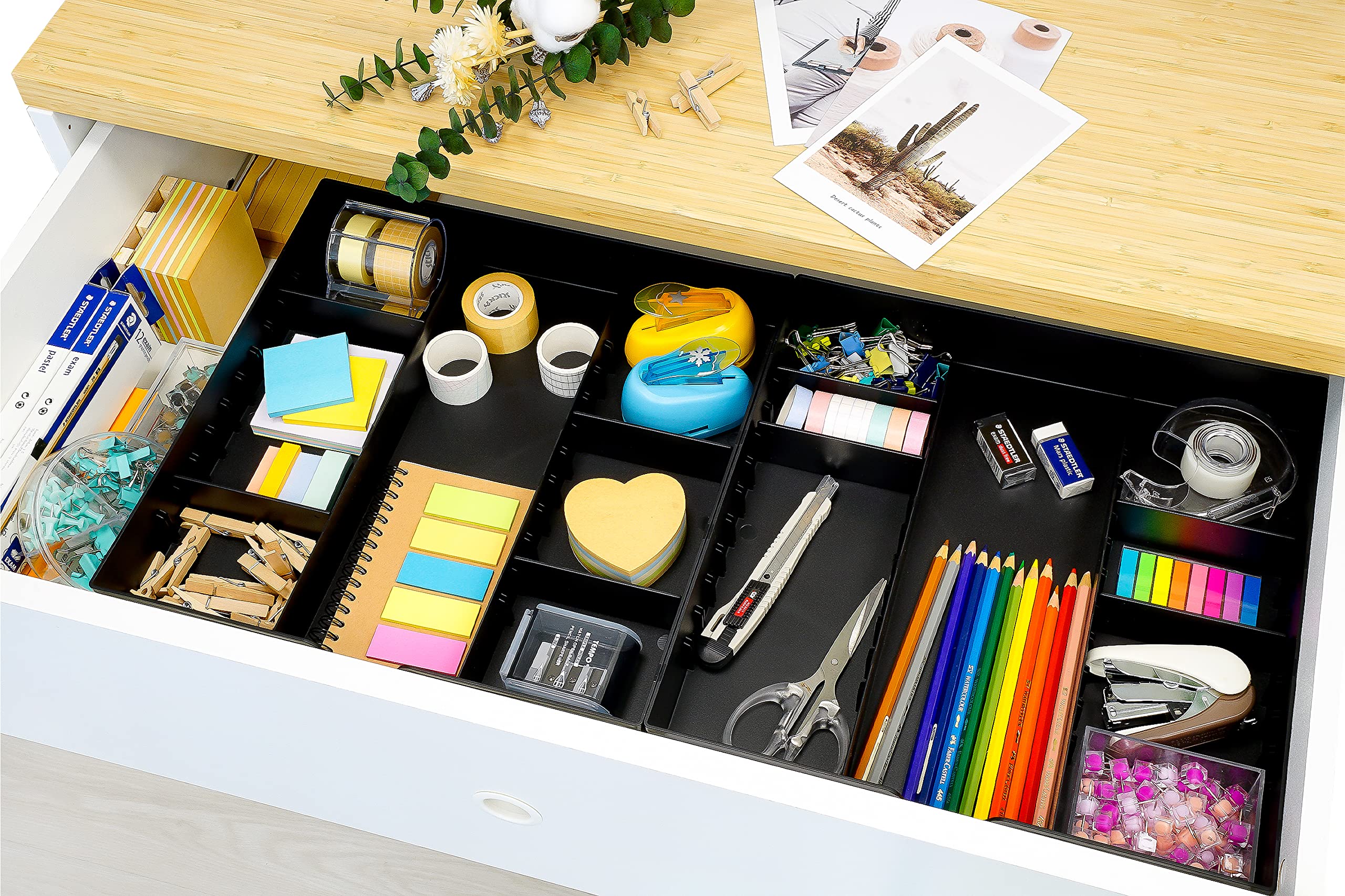 CAXXA 3-Slot Drawer Organizer with 4 Adjustable Dividers - Black Storage Tray for Makeup Vanity, Office Desk Supplies, Kitchen Utensils & Home Organization (1 Pack) - Perfect for Bedroom, Bathroom & Office Drawer Organization