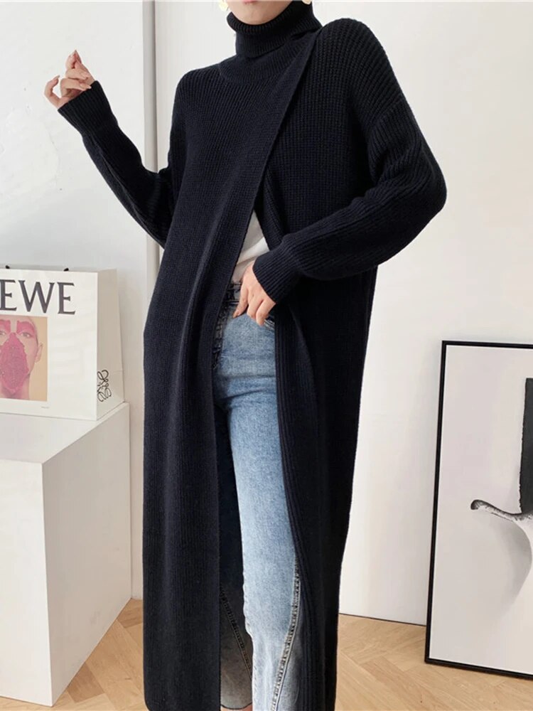 Women's Asymmetrical Hem Turtleneck Sweater - Long Sleeve Loose Knit Pullover for Casual Wear & Office Outfits | Solid Color Winter Fashion Top