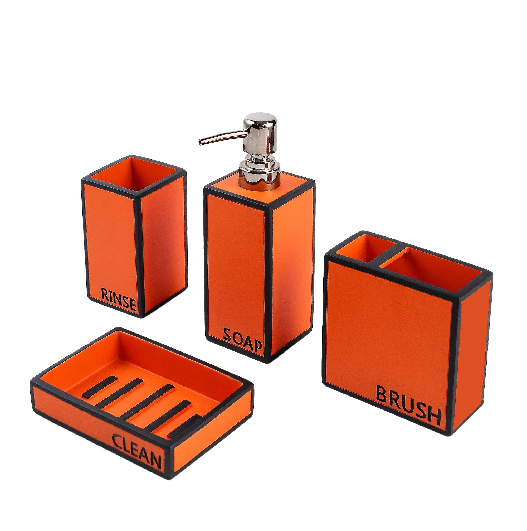 Hymmah 4-Piece Farmhouse Bathroom Accessories Set - Toothbrush Holder, Soap Dispenser, Soap Dish & Tumbler - Rustic Orange Resin Bath Decor for Apartment, Housewarming Gift - Perfect for Bathroom Organization and Farmhouse Style Decor