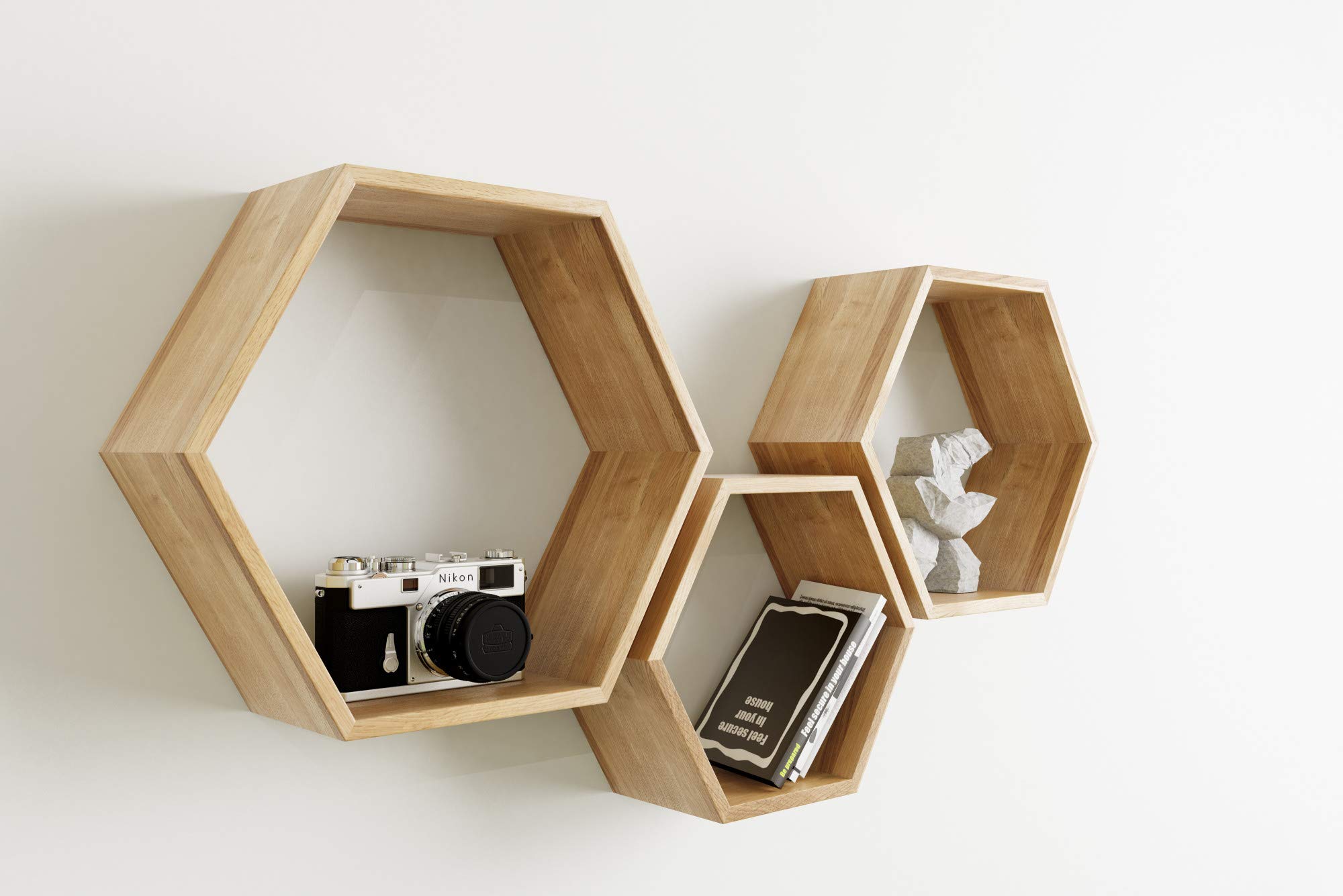 Hexagon Floating Shelves Set of 3 - Honeycomb Wall Shelves Small Medium Large - Farmhouse Wooden Wall Decor for Living Room, Bedroom, Hallway - Oak Storage Shelves - Perfect for Displaying Photos, Plants and Home Decor
