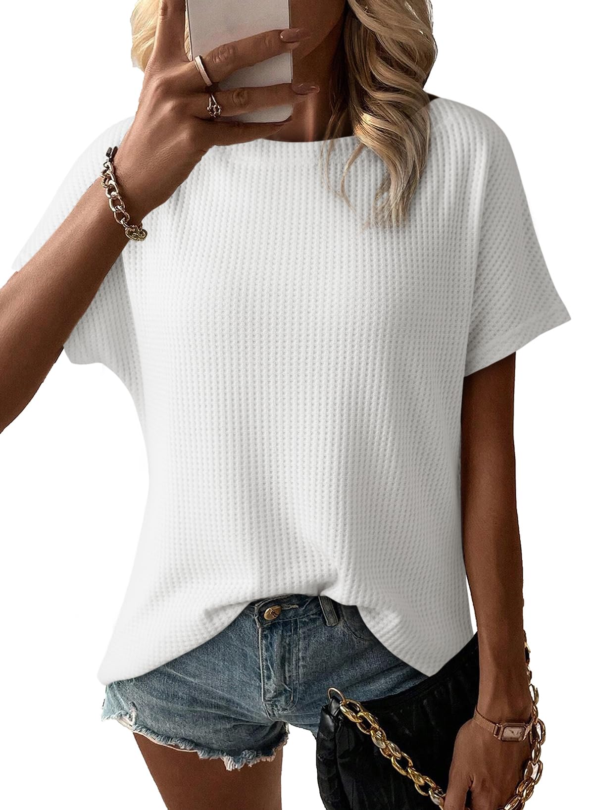 Dokotoo Women's Casual Boat Neck Short Sleeve Waffle Knit Shirt - Loose Summer Tunic Top Blouse for Beach, Vacation & Everyday Wear