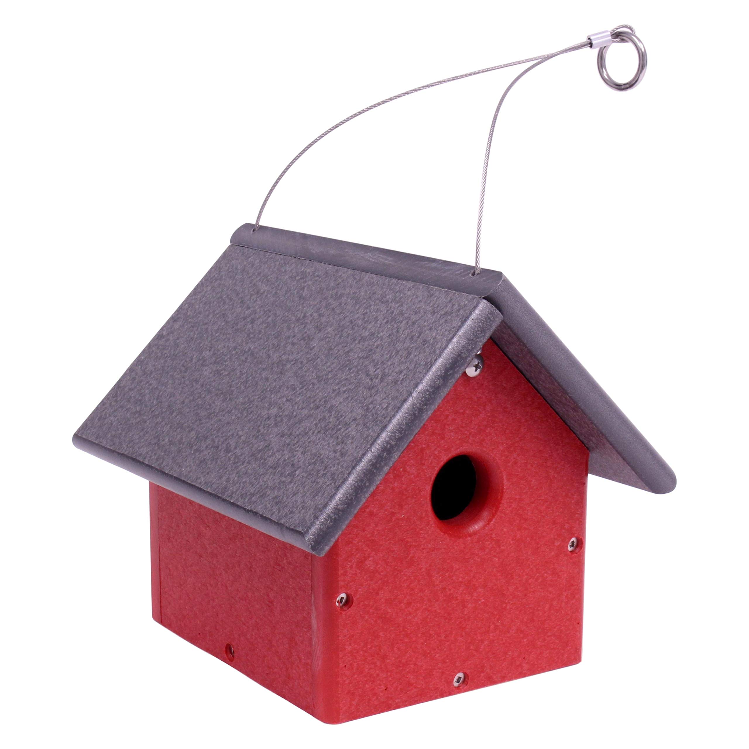 AmishToyBox.com Chickadee or Wren House - Durable Poly Lumber Bird House for Outdoor Garden (Gray/Bright Red) - Attract Wild Birds to Your Backyard or Patio