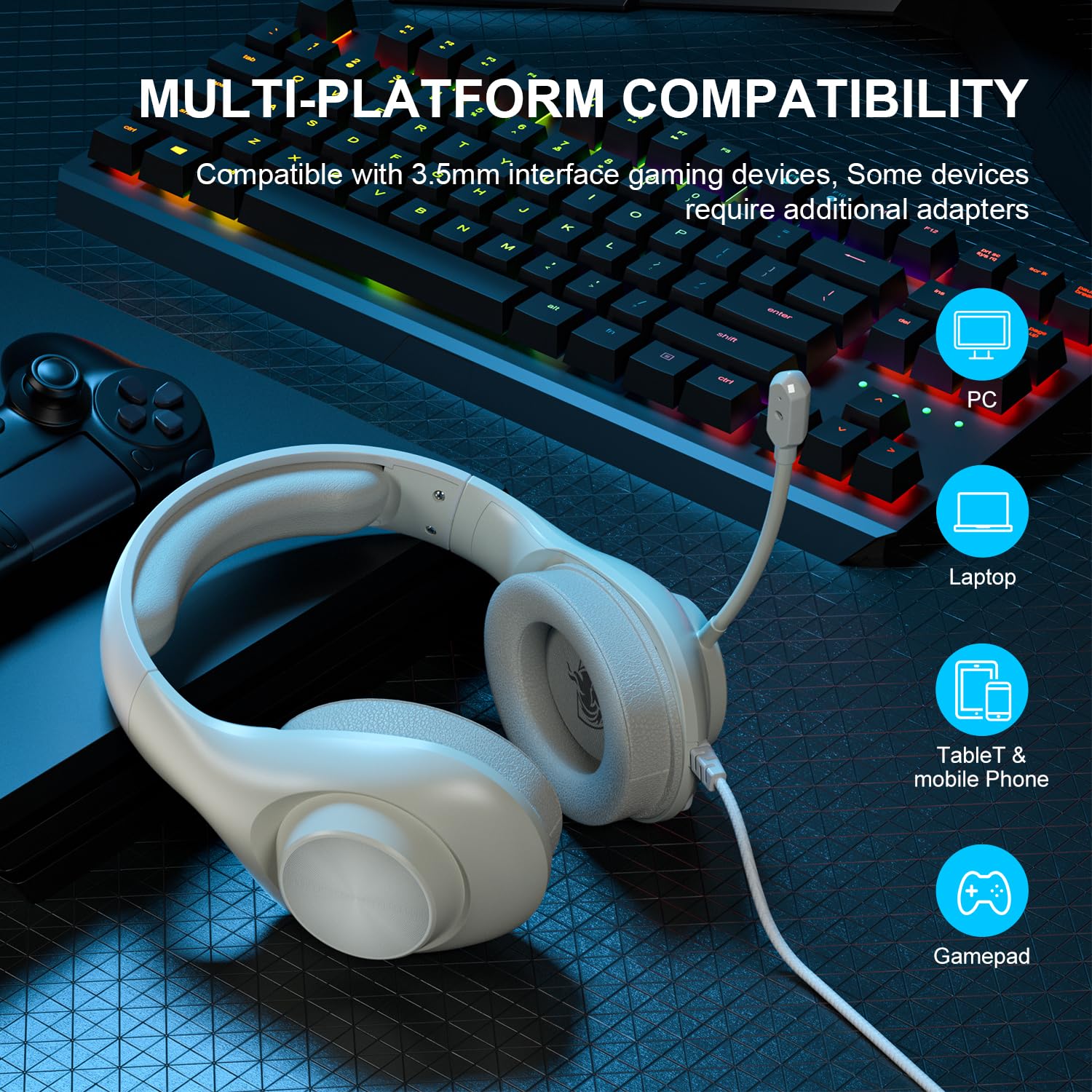 YOTMS Wired Gaming Headset for PS5, PC, Xbox Series X/S, Switch - 7.1 Surround Sound, Noise Cancelling Mic, Memory Foam Earmuffs (White) - Perfect for Competitive Gaming, Streaming & Online Chat