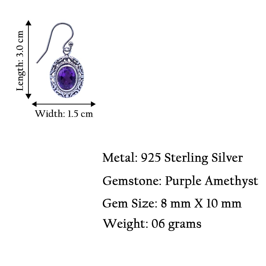 Handmade 925 Sterling Silver Purple Amethyst Gemstone Filigree Drop Dangle Earrings for Women - Unique Tribal Fashion Jewelry Gift for Birthday, Wedding & Special Occasions