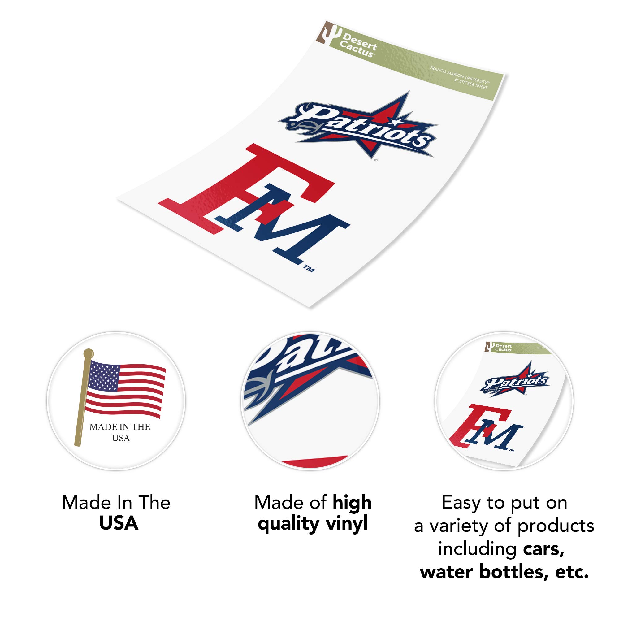 Desert Cactus Francis Marion University Patriots Vinyl Decal Sticker Set (4 Inch) - Perfect for Laptop, Water Bottle, Car, Scrapbook & DIY Projects - Show School Spirit Anywhere!