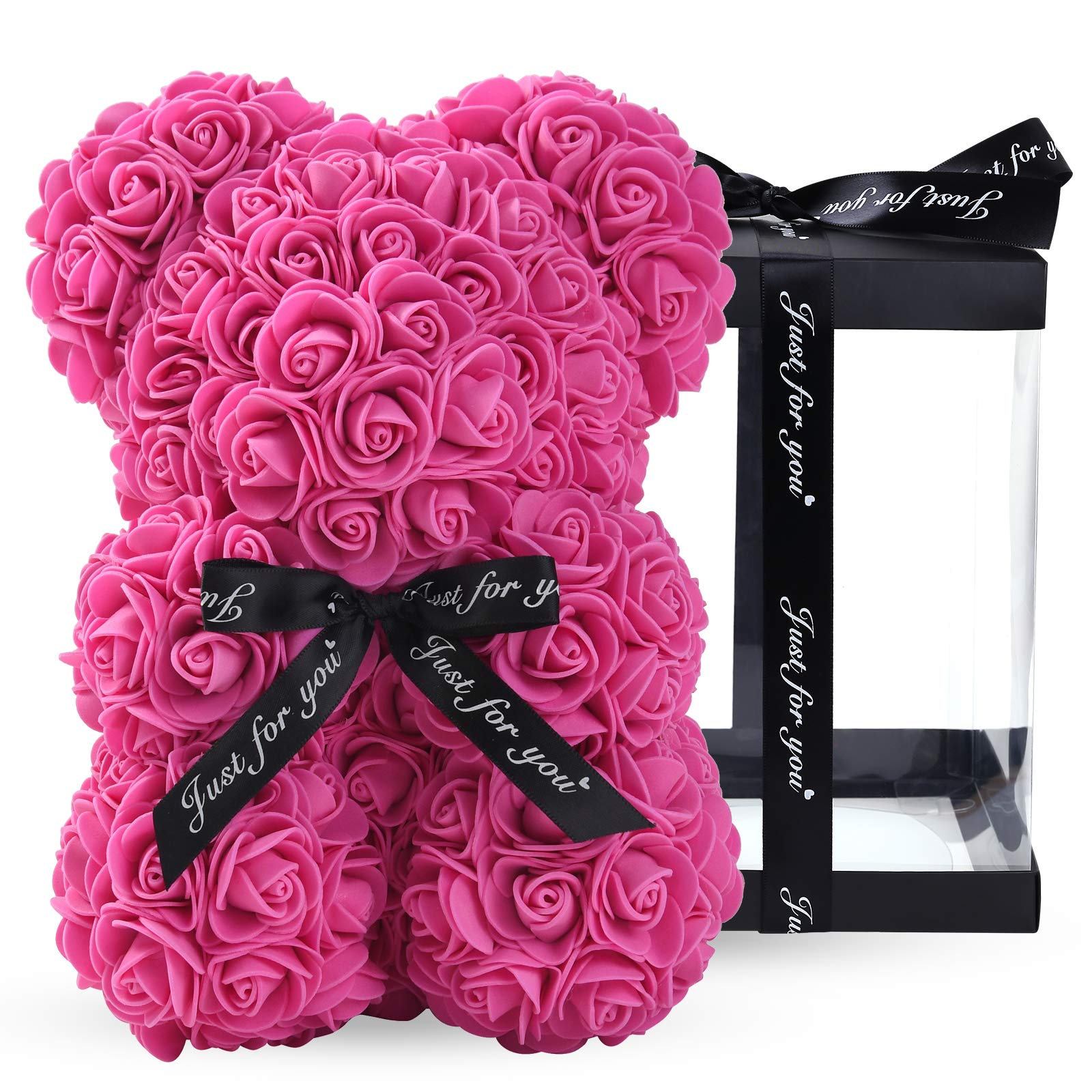 LINKLO 10-inch Rose Teddy Bear - Artificial Rose Flower Bear with Transparent Gift Box (Rose Red) | Romantic Gift for Valentine's Day, Anniversary & Wedding Decor