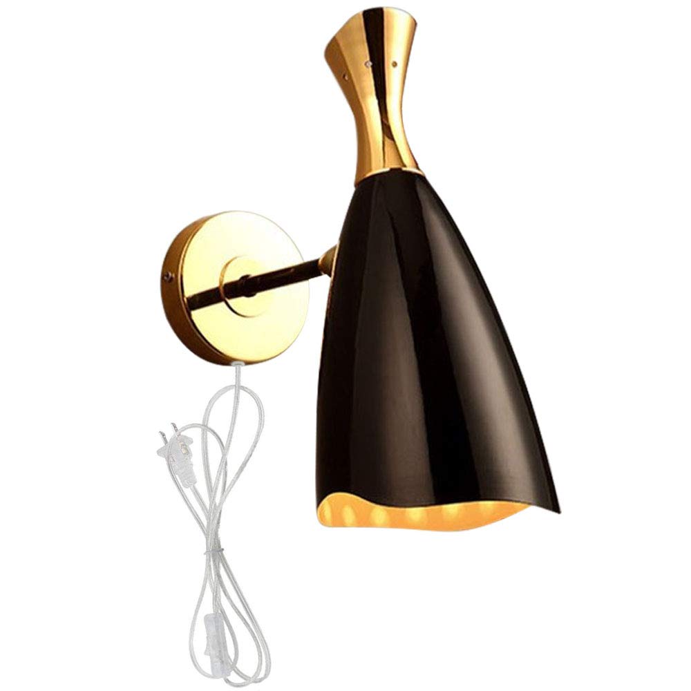 Vintage Mid Century Adjustable Plug-in Wall Sconce - Single Cone Black Wall Light for Bedroom, Living Room & Hallway Lighting