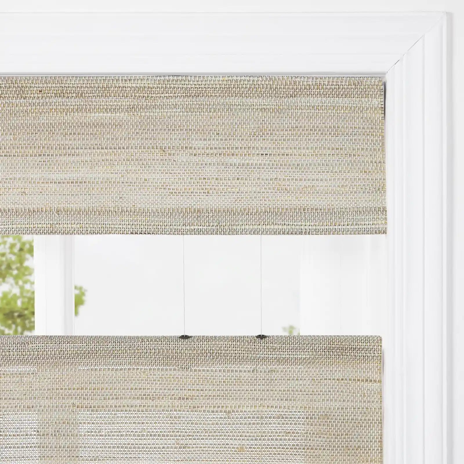 Natural Ramie Cordless Top Down Bottom Up Woven Wood Shade - White Wall Window Treatment for Living Room & Bedroom Privacy
