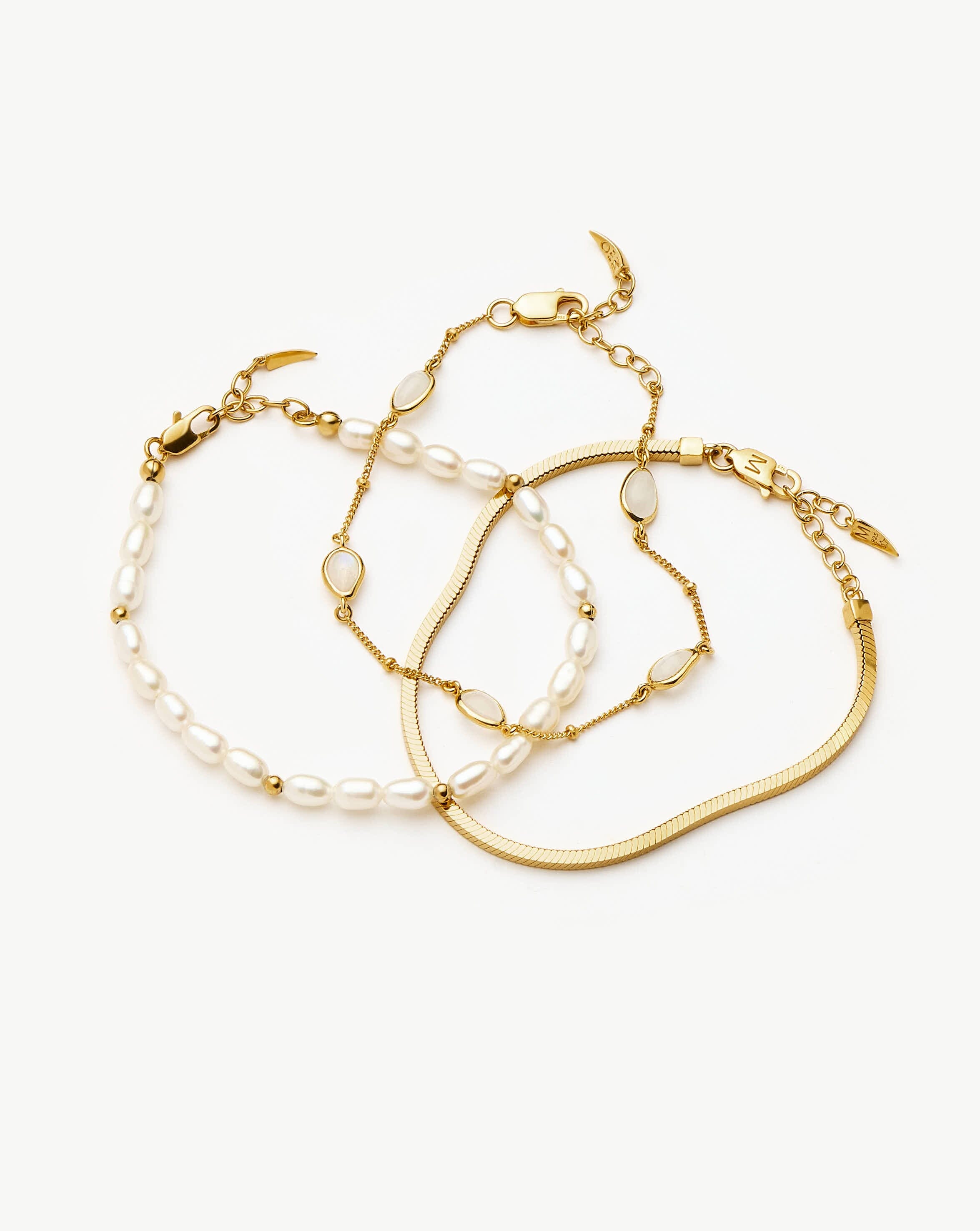18k Gold Plated Pearl & Snake Chain Triple Bracelet Set for Women - Elegant Stackable Jewelry for Parties, Weddings & Everyday Wear
