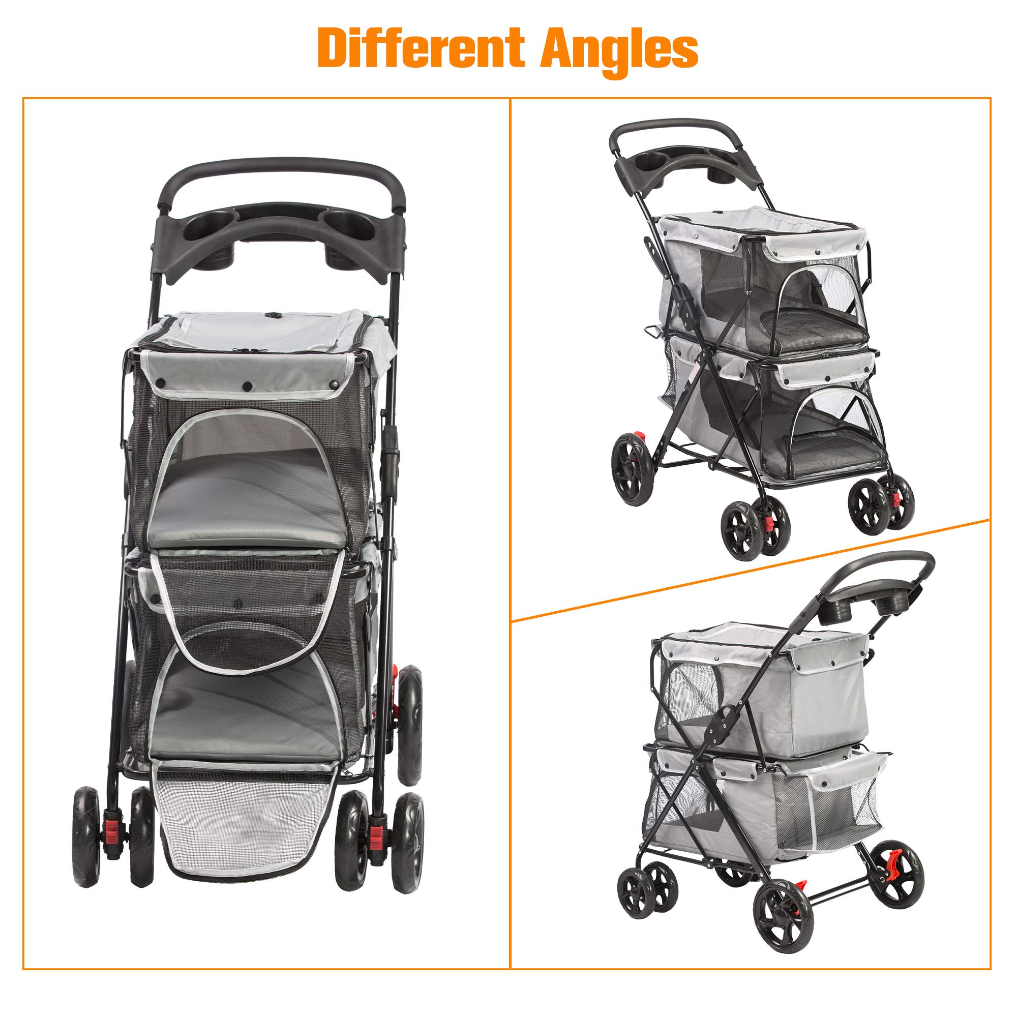 LUCKYERMORE Double Pet Stroller for 2 Cats & Dogs - 4-Wheel Foldable Cat & Dog Carrier with Cup Holders, Mesh Windows & Soft Pad - Ideal for Small to Medium Pets - Perfect for Park Walks, Vet Visits & Shopping Trips (Gray)