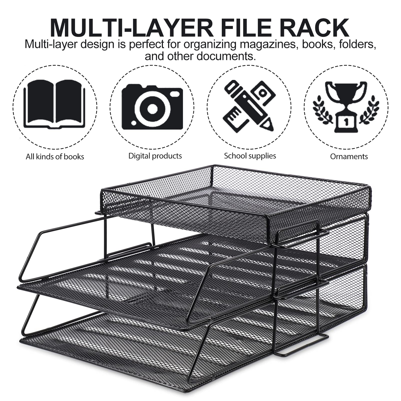 NUOBESTY 3-Tier Mesh Desk Organizer - Black Vertical Stackable File Tray for Documents, Letters & Office Supplies | Perfect for Home Office, School & Workspace Organization