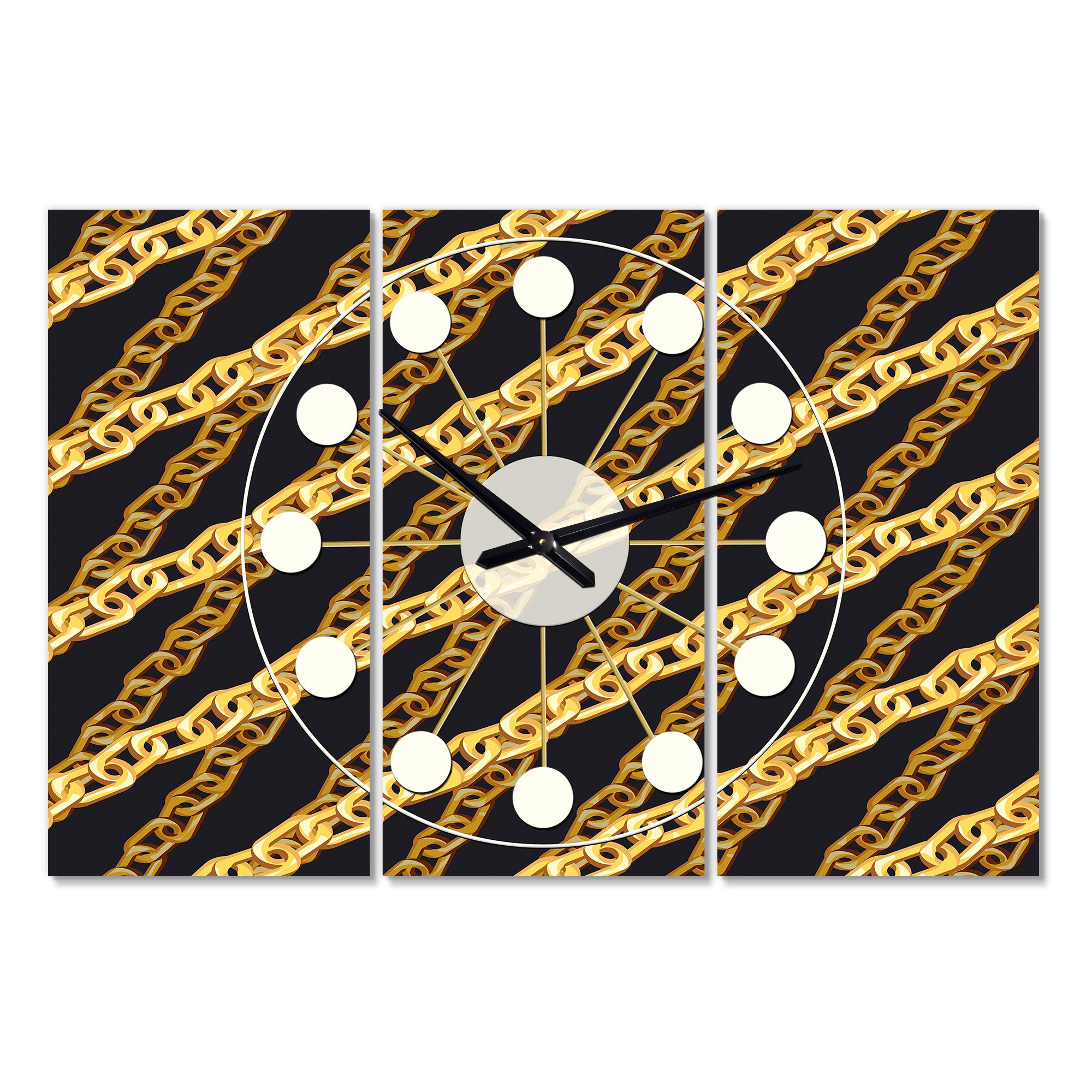 Designart Golden Zigzag Chain Wall Art - Mid-Century Modern 3 Panel Decorative Metal Clock for Home, Living Room, Bedroom & Office | Unique Wall Decor for Contemporary Spaces