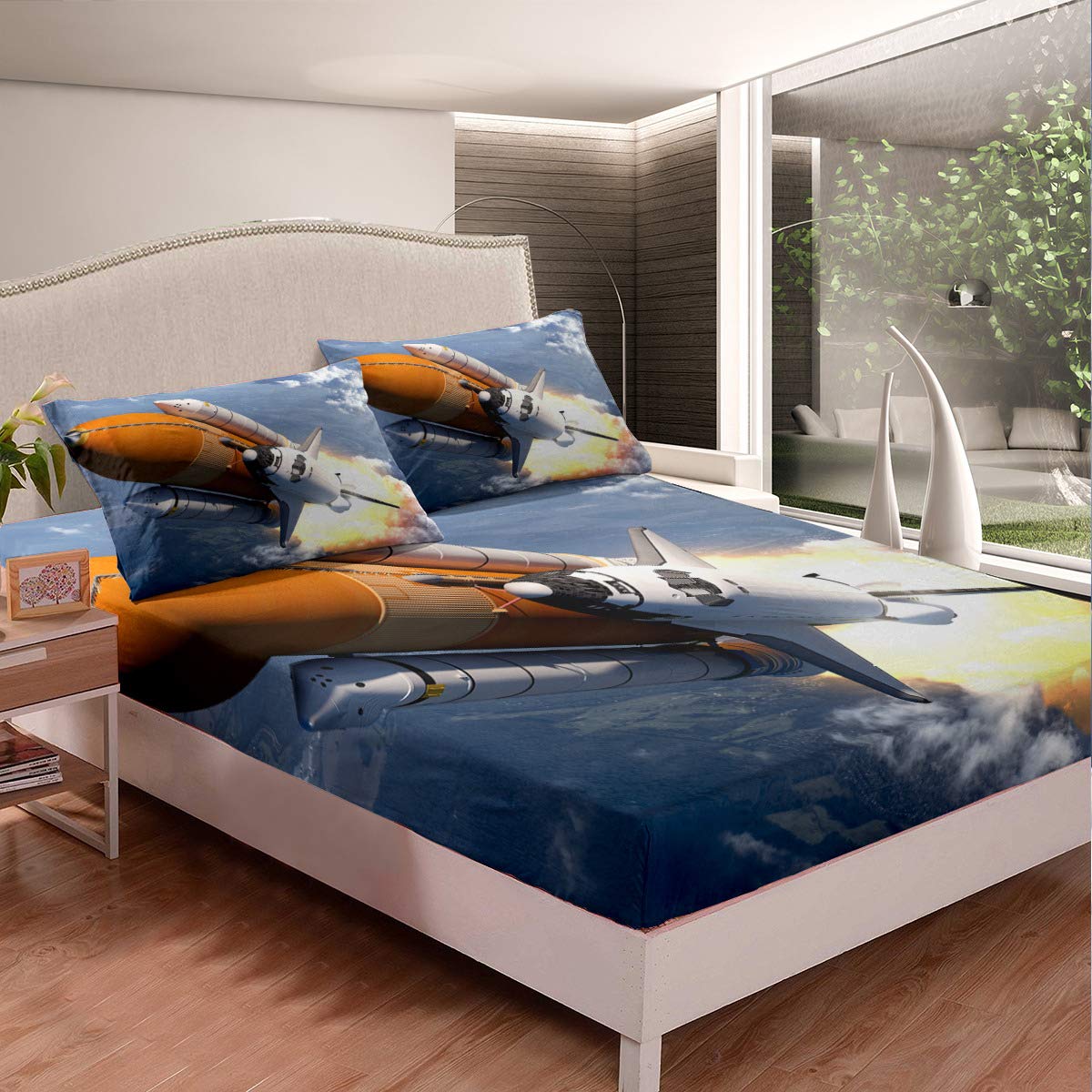 3D Printed Spacecraft Deep Pocket Bed Sheet Set - Twin XL Rocket & Stars Design for Teens & Kids, 2-Piece (Fitted Sheet + Pillowcase) - Perfect for Space-Themed Bedrooms & Gift for Young Astronauts