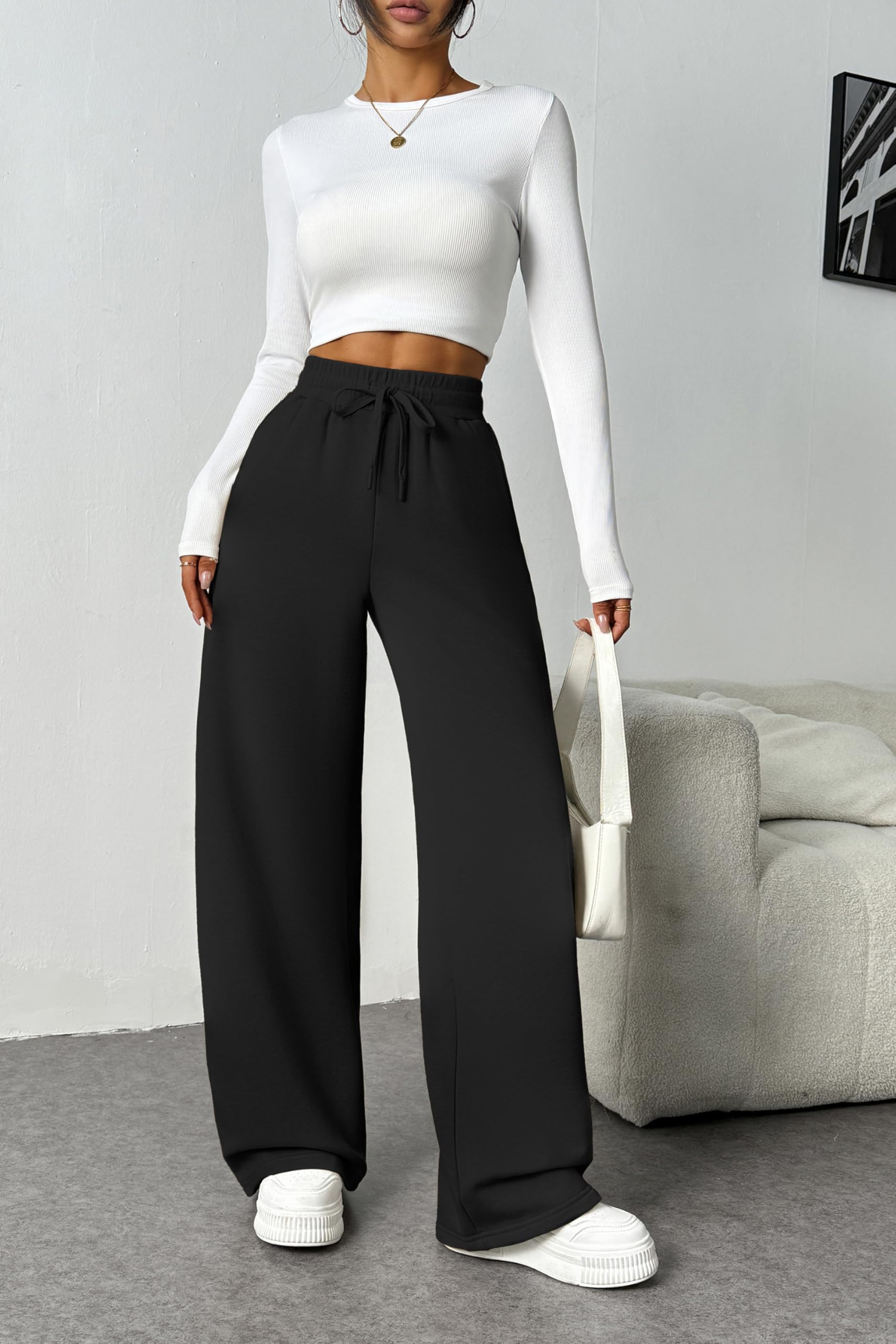 PINSPARK Women's Fleece Wide Leg Sweatpants - High Waisted Athletic Joggers with Pockets | Cozy Winter Lounge Pants for Yoga, Workout & Casual Wear