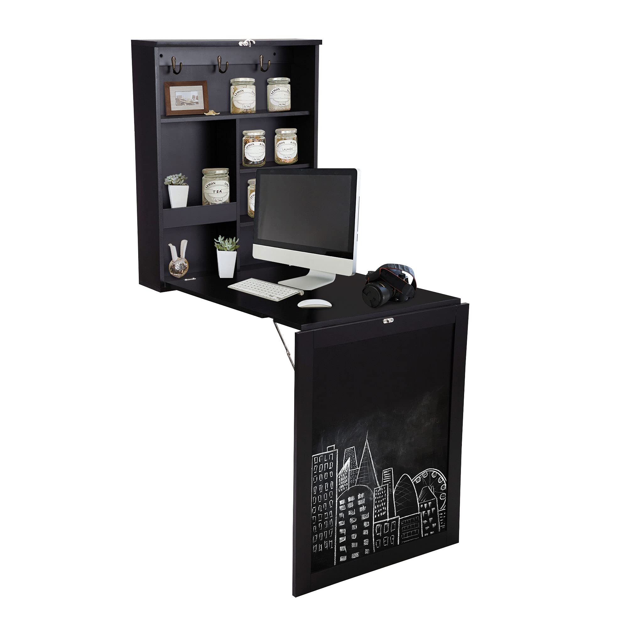 Foldable Wall-Mounted Wooden Drop Leaf Desk with Storage Shelves - Space Saving Home Office Table for Small Spaces, Dorm Rooms & Apartments - Black