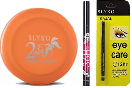 Slyko Compact Powder for Women - Sweat Resistant, Oil Control, Perfect for Indian Skin Tones (10g) | Includes Waterproof Eyeliner & Kajal | Ideal for Daily Makeup, Office Wear & Special Occasions