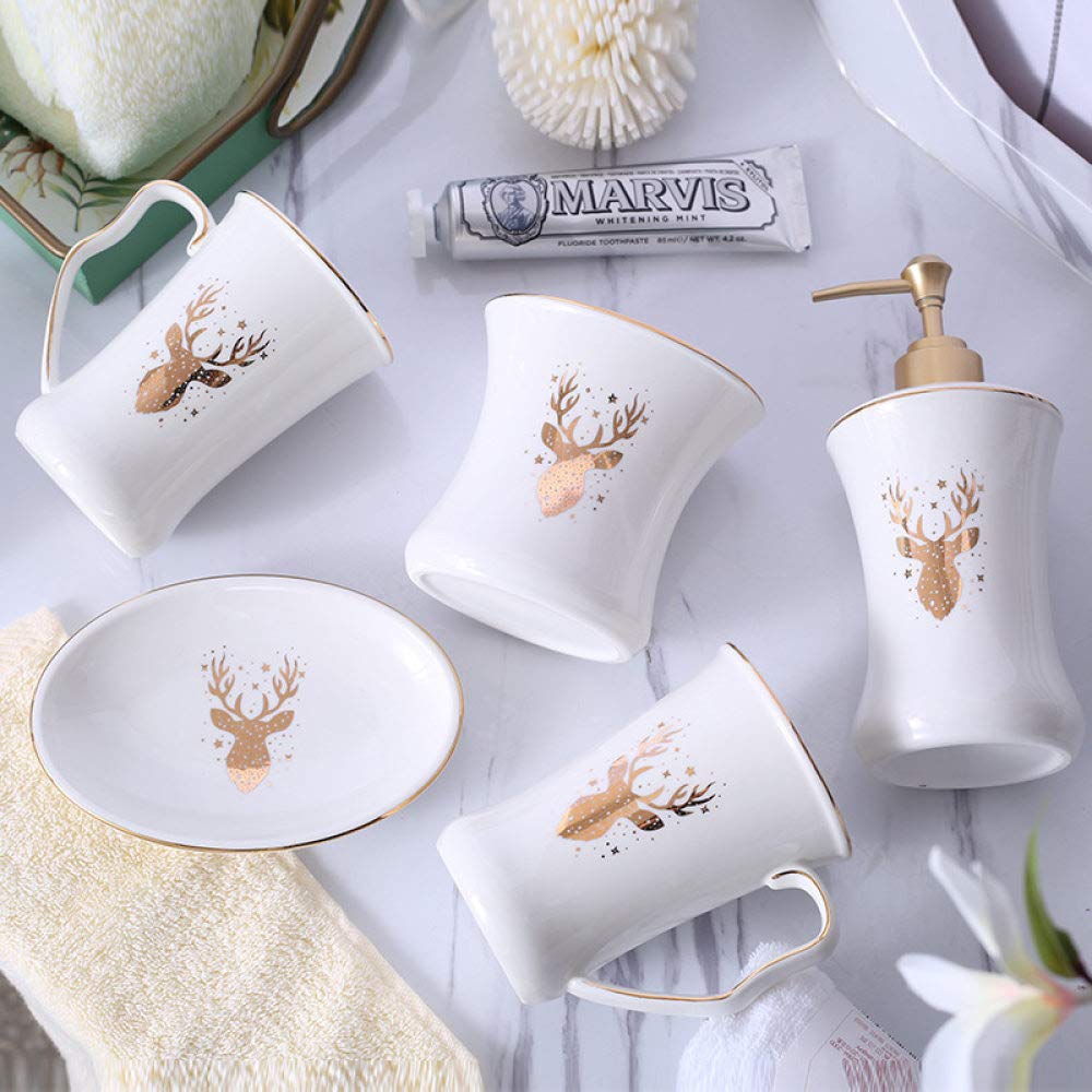 Vintage Ceramic Bathroom Accessories Set - 5 Piece Gold Flamingo Soap Dispenser, 2 Toothbrush Holders, Soap Dish & Cups for Home, Hotel Vanity Decor | Elegant Bathroom Organization & Spa Style Decor