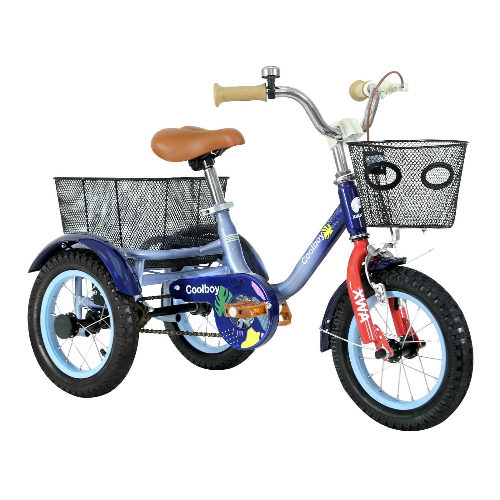 12 Inch Kids Tricycle for Ages 3+ | Beginner Rider Trike with Front & Rear Basket + Passenger Seat | Outdoor Play, Shopping & Picnic | Multiple Colors