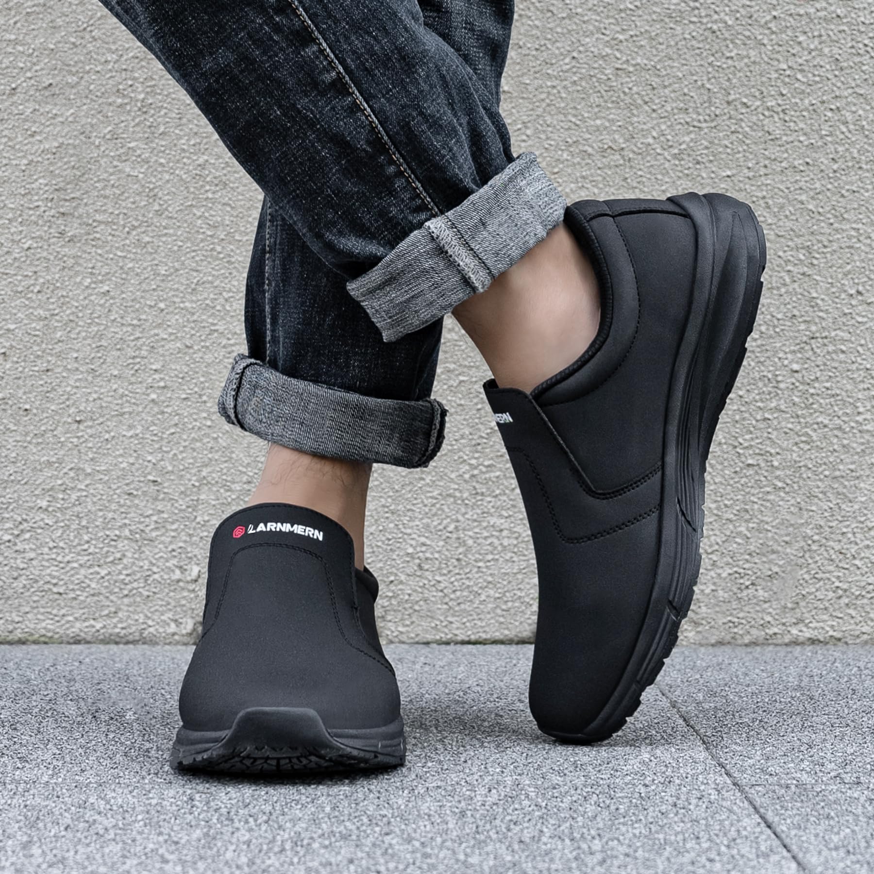 **LARN SAFETY Men's Non-Slip Work Shoes - Waterproof Slip-Resistant Kitchen Chef Shoes for Restaurant, Hospital & Food Service - Comfortable Slip-On Black Safety Footwear (Ideal for Chefs, Nurses & Waiters)**