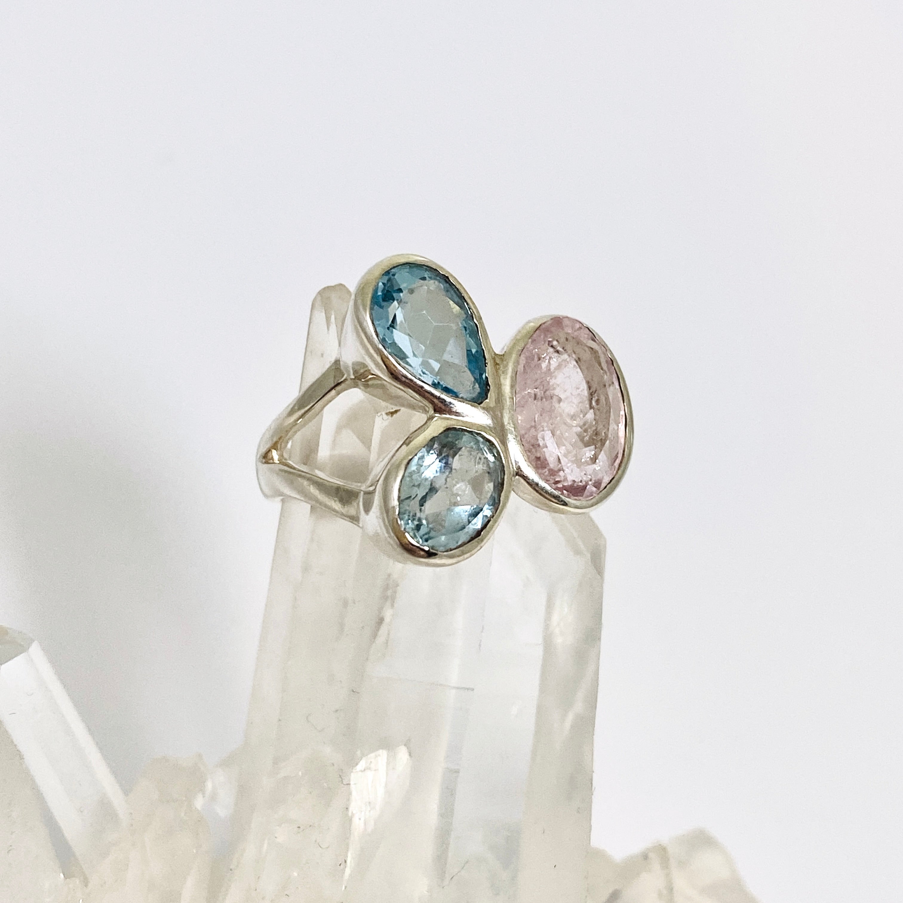 Morganite and Blue Topaz Multi-Stone Faceted Ring Size 8 - Elegant Birthstone Jewelry for Women, Perfect for Weddings, Anniversaries & Special Occasions