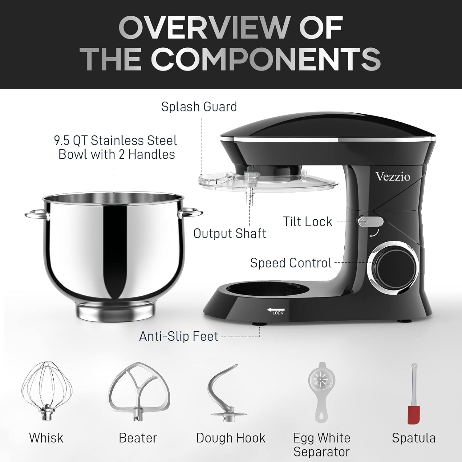 Vezzio 660W 10-Speed Tilt-Head Stand Mixer with 9.5 Qt Stainless Steel Bowl - Dishwasher Safe Attachments for Baking, Whipping, Kneading Dough - Perfect for Cakes, Cookies, Bread Making in Home Kitchens (Black)